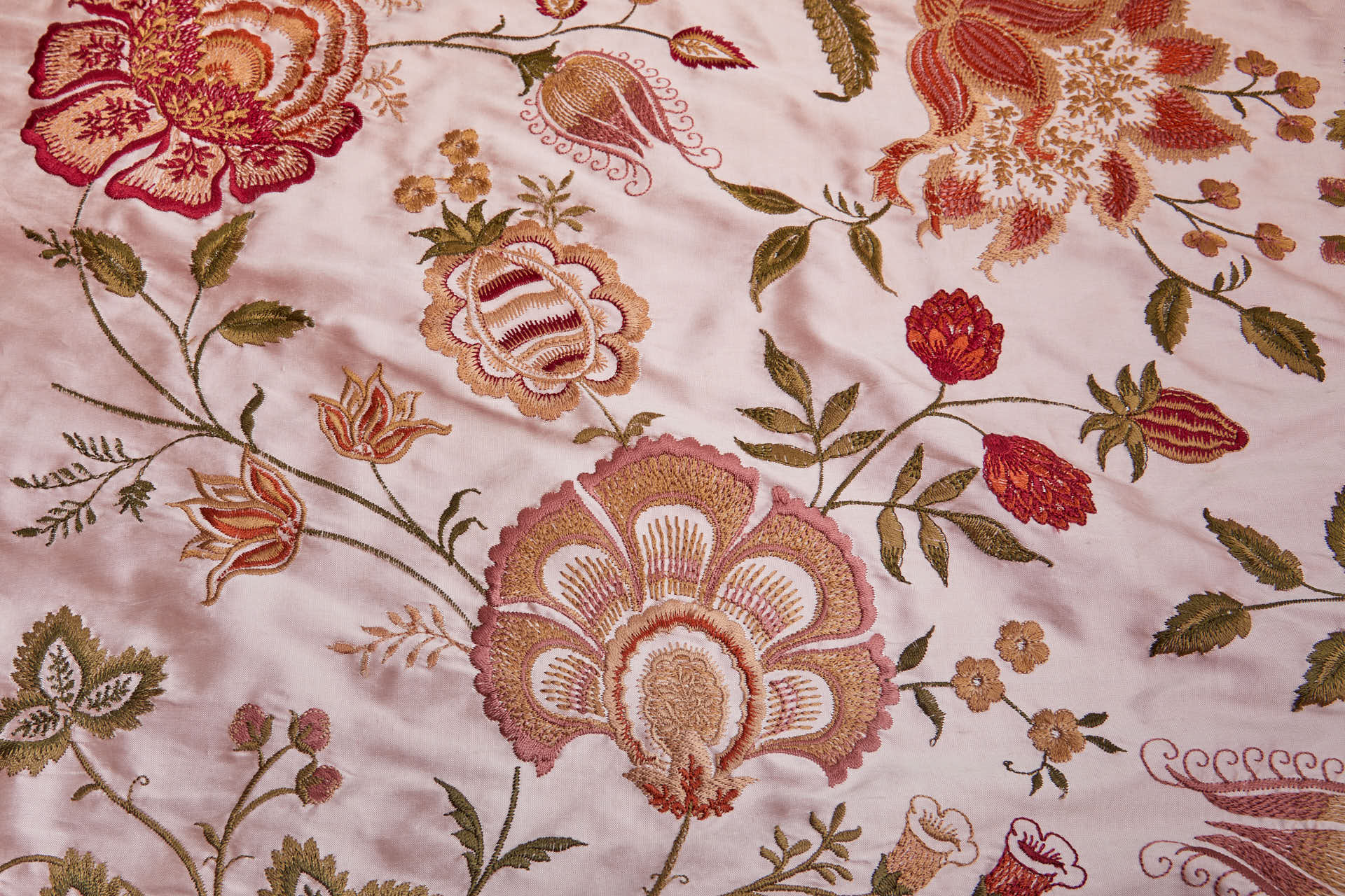 Large Floral Embroidery on Pale Pink Silk Dupion fabric, image 2 of 9