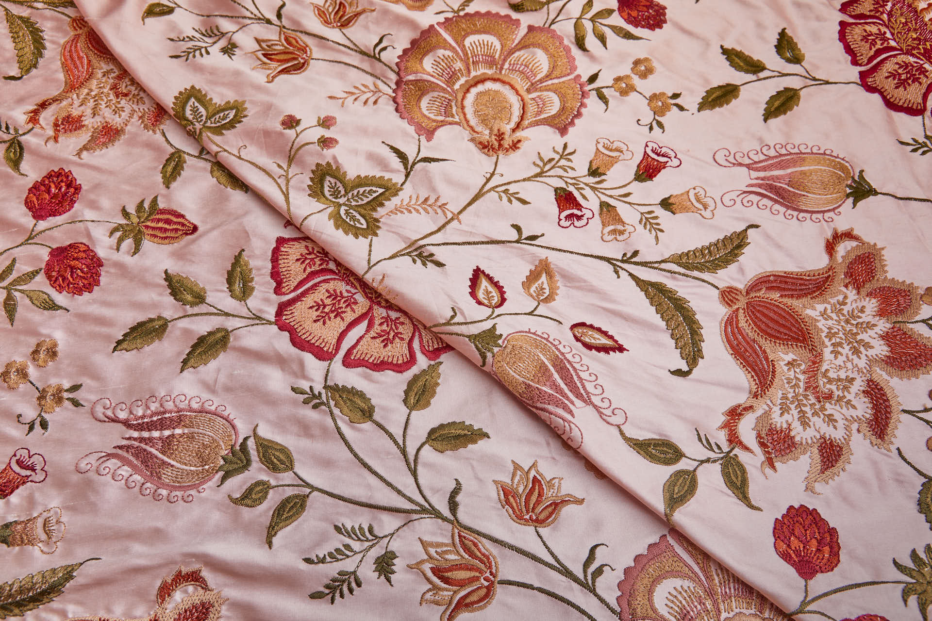 Large Floral Embroidery on Pale Pink Silk Dupion fabric, image 5 of 9