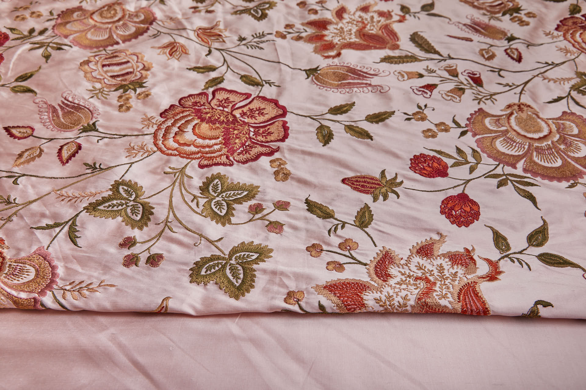 Large Floral Embroidery on Pale Pink Silk Dupion fabric, image 6 of 9