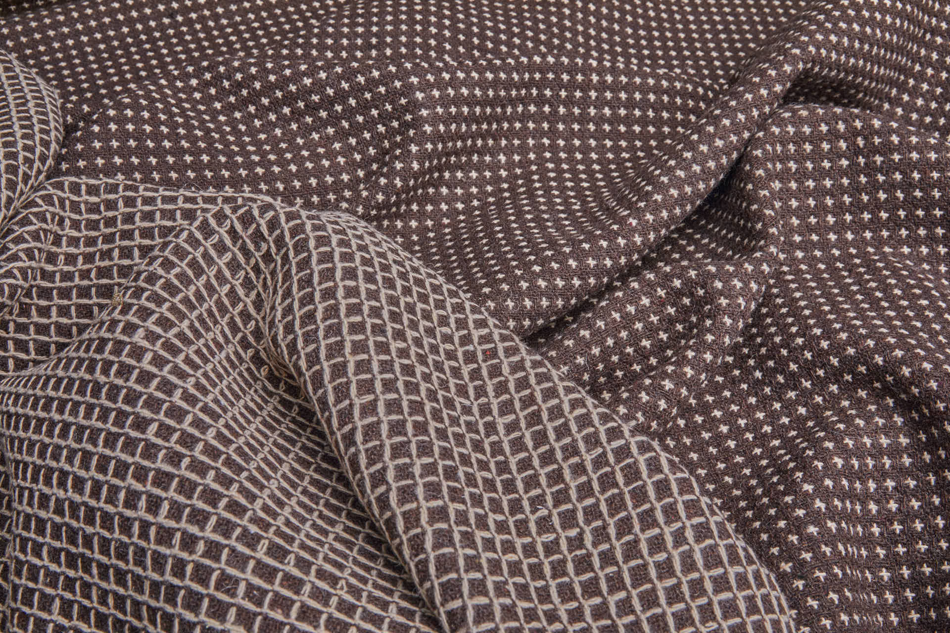 Squares and Crosses Rustic Wool - Brown and Beige fabric, image 6 of 9