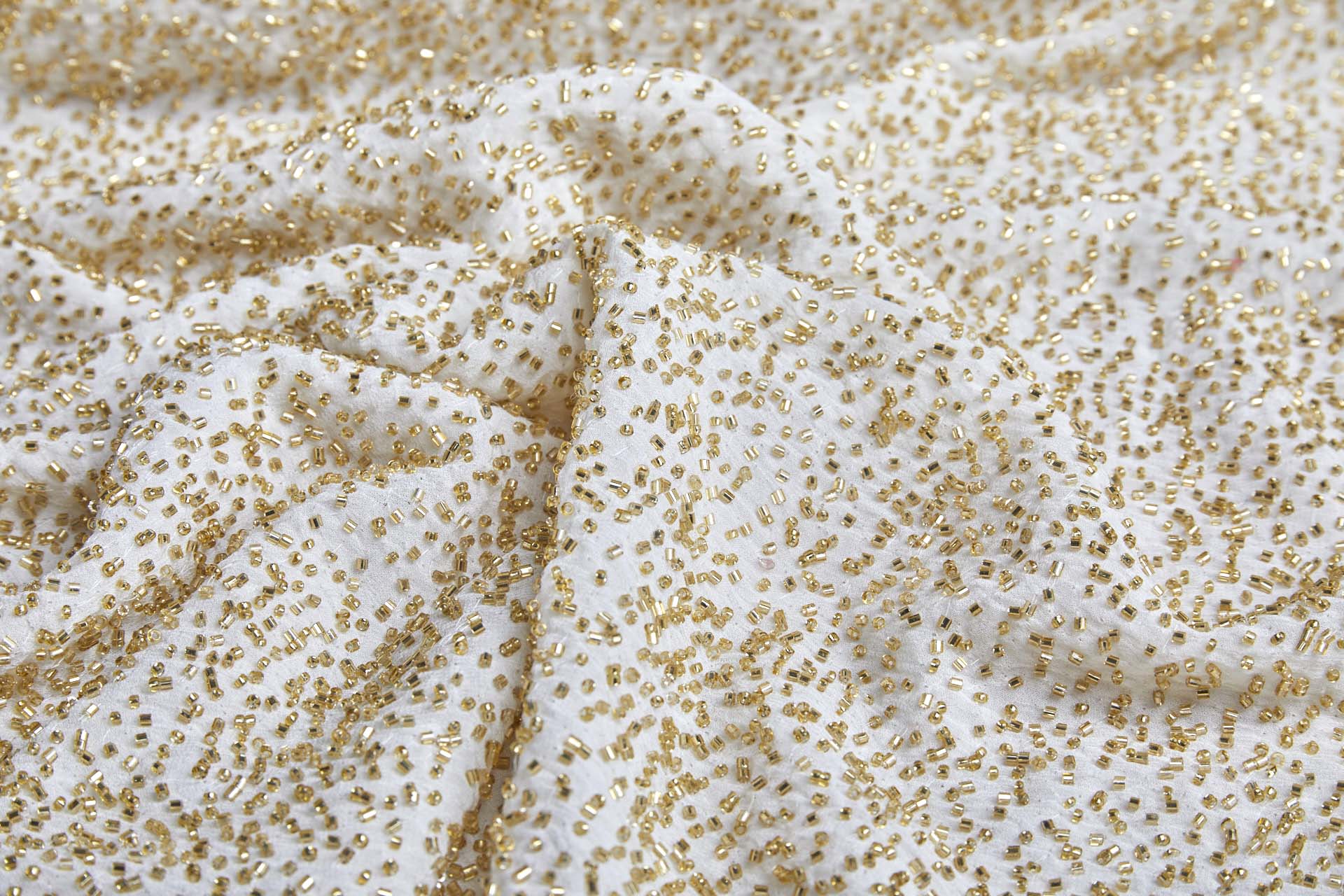 Beaded Silk Chiffon - Off White with Gold Beads (New) fabric, image 4 of 7
