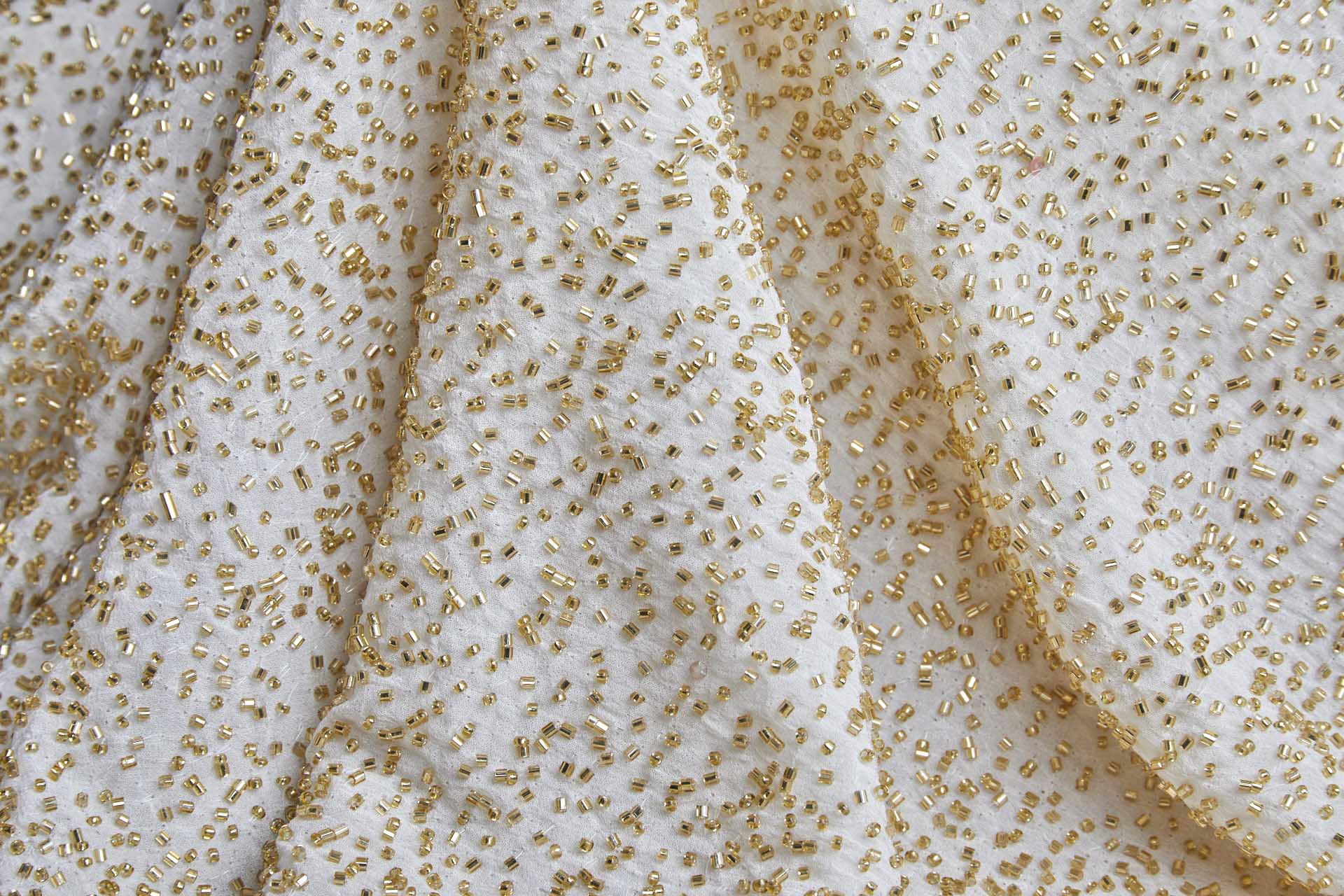 Beaded Silk Chiffon - Off White with Gold Beads (New) fabric