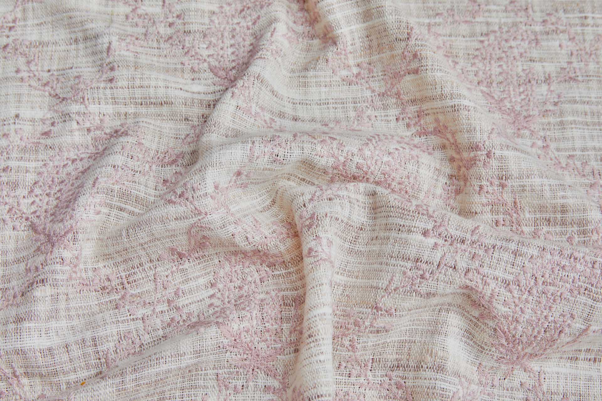 Dusty Pink Floral Embroidery on Ivory and Mauve Slubby Weave fabric, image 2 of 7