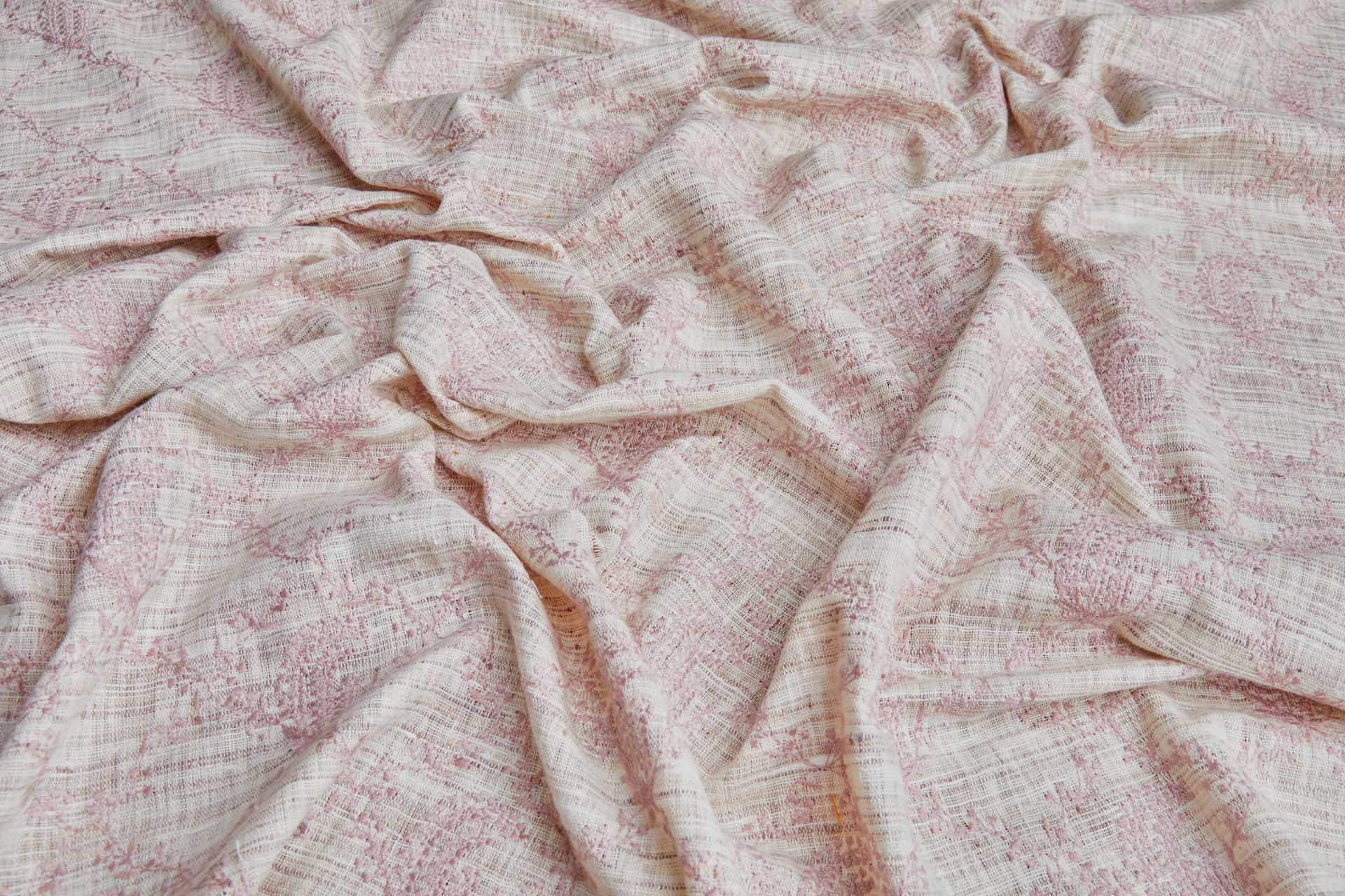 Dusty Pink Floral Embroidery on Ivory and Mauve Slubby Weave fabric, image 3 of 7