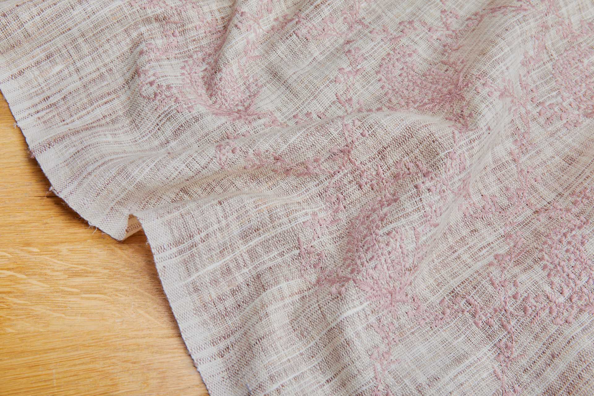Dusty Pink Floral Embroidery on Ivory and Mauve Slubby Weave fabric, image 4 of 7