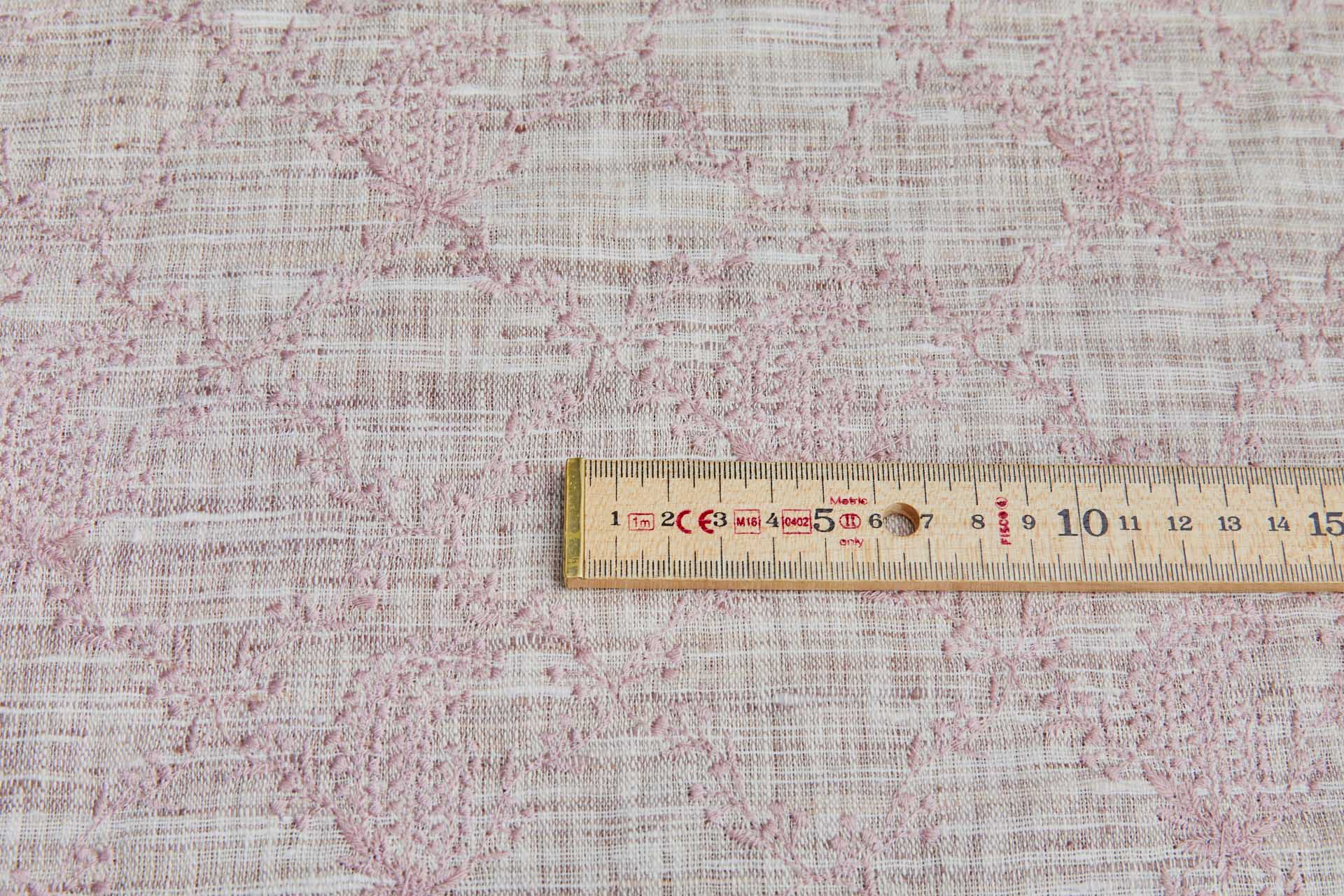 Dusty Pink Floral Embroidery on Ivory and Mauve Slubby Weave fabric, image 5 of 7