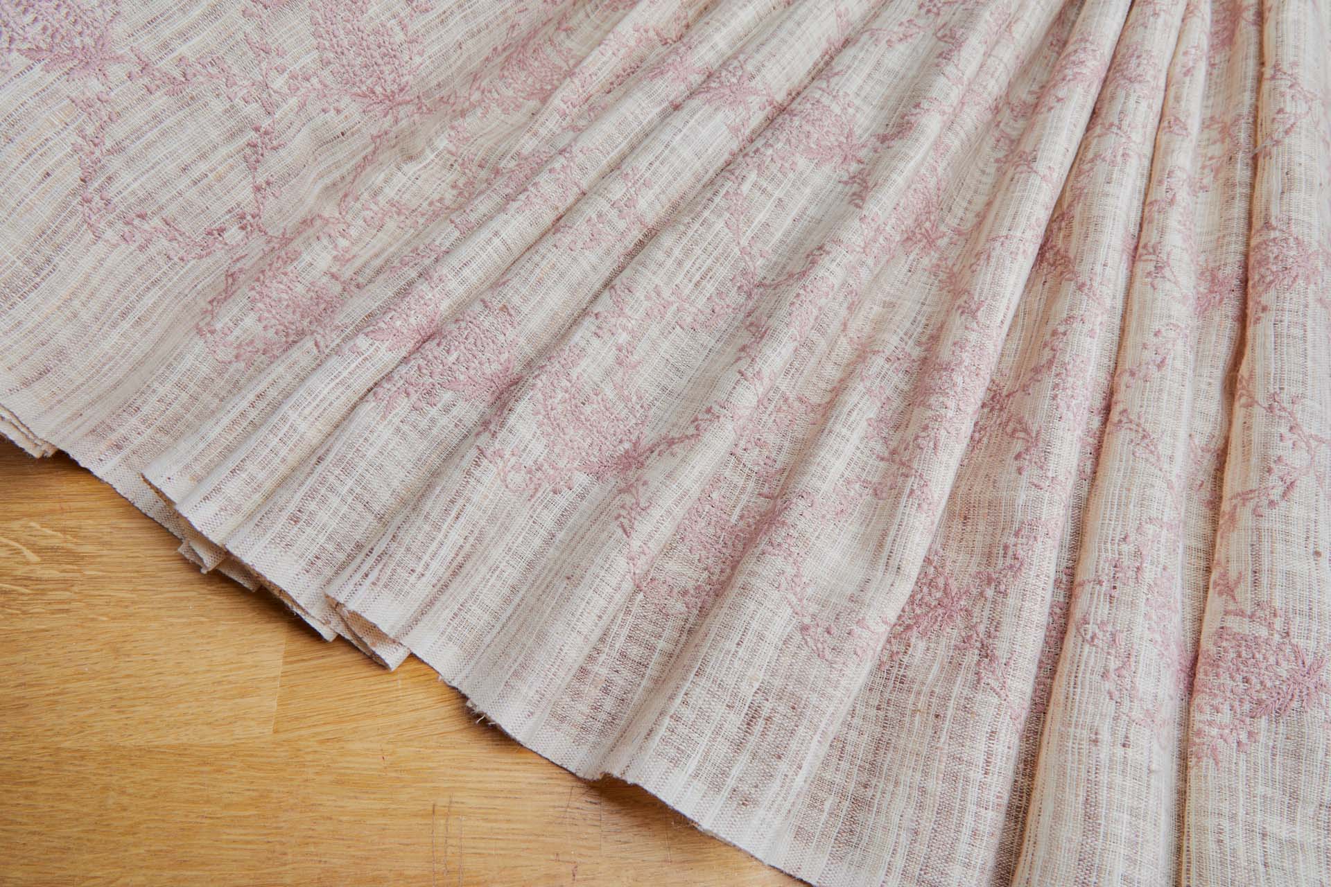 Dusty Pink Floral Embroidery on Ivory and Mauve Slubby Weave fabric, image 6 of 7