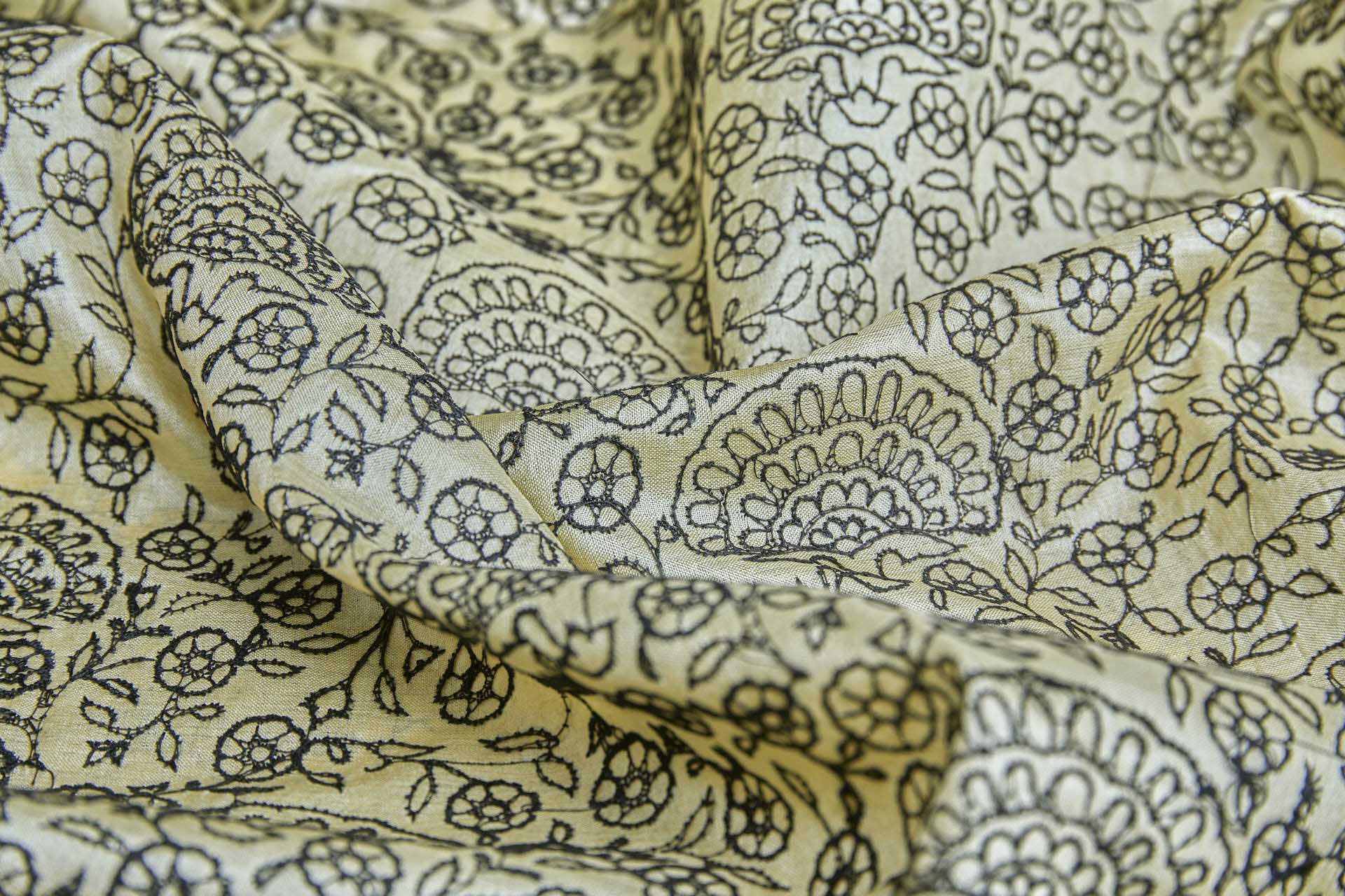 Black Floral Outline Embroidery on Pale Yellow Tassar fabric, image 9 of 12