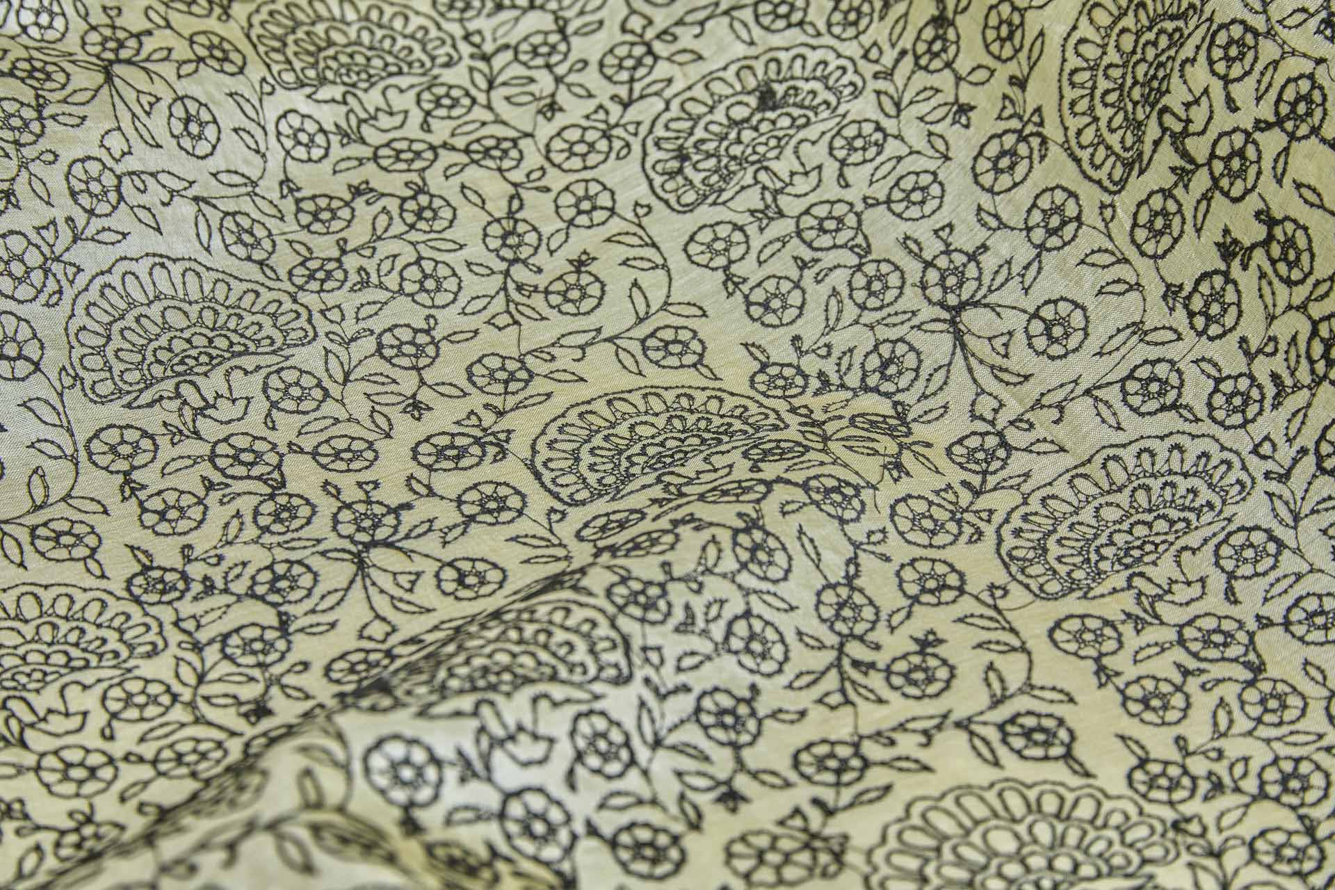 Black Floral Outline Embroidery on Pale Yellow Tassar fabric, image 10 of 12