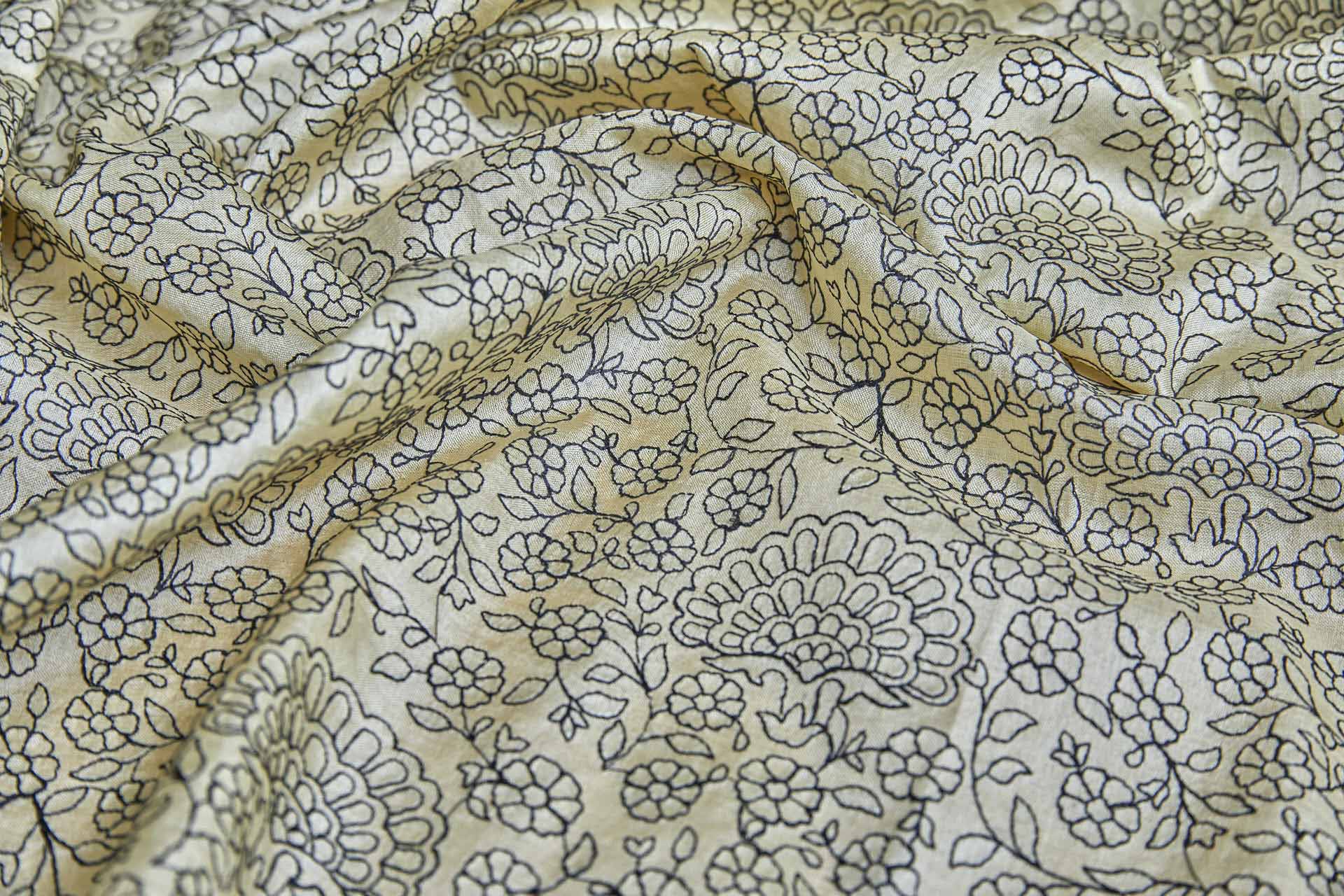 Black Floral Outline Embroidery on Pale Yellow Tassar fabric, image 11 of 12