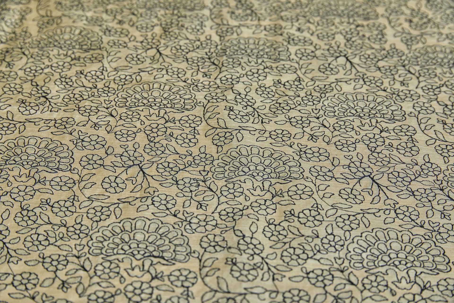 Black Floral Outline Embroidery on Pale Yellow Tassar fabric, image 12 of 12