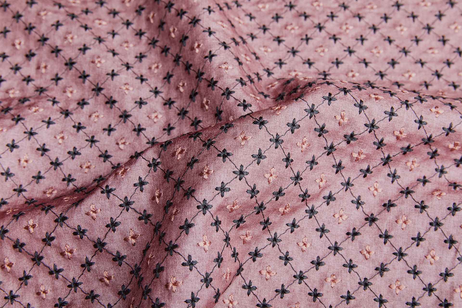 Trellis Black Embroidery on Dusty Mauve Tassar fabric, image 2 of 9