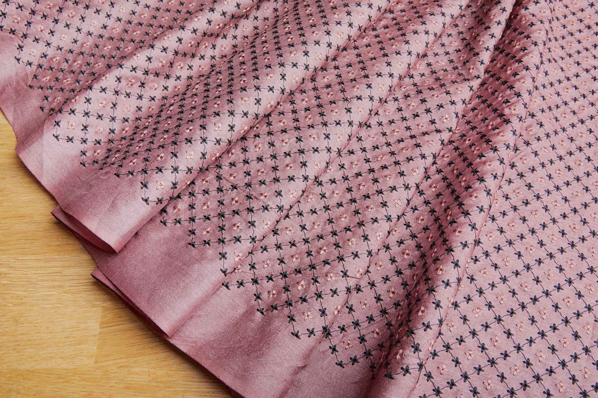 Trellis Black Embroidery on Dusty Mauve Tassar fabric, image 8 of 9
