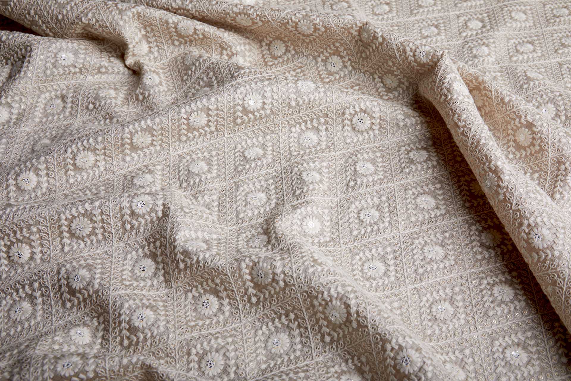Diamond Embroidery with Gold Sequins on Ecru Silk Tassar / Tussah fabric, image 2 of 10
