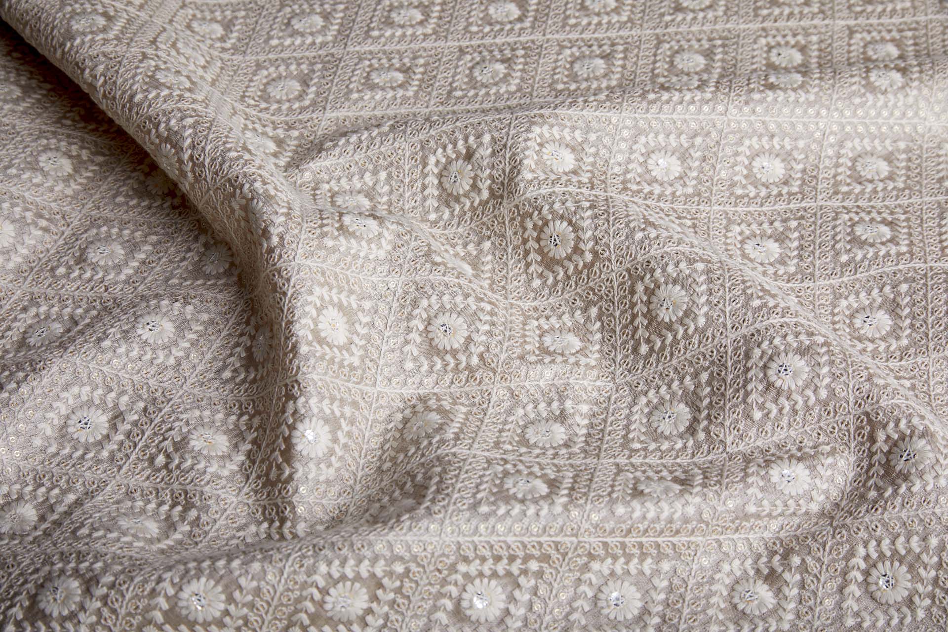 Diamond Embroidery with Gold Sequins on Ecru Silk Tassar / Tussah fabric, image 4 of 10