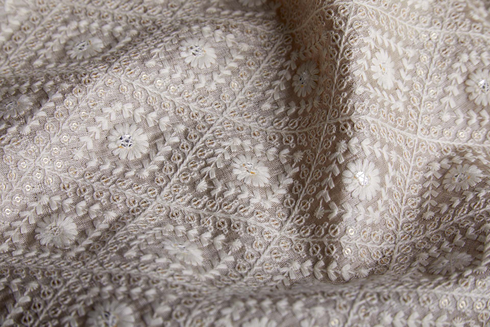 Diamond Embroidery with Gold Sequins on Ecru Silk Tassar / Tussah fabric, image 5 of 10