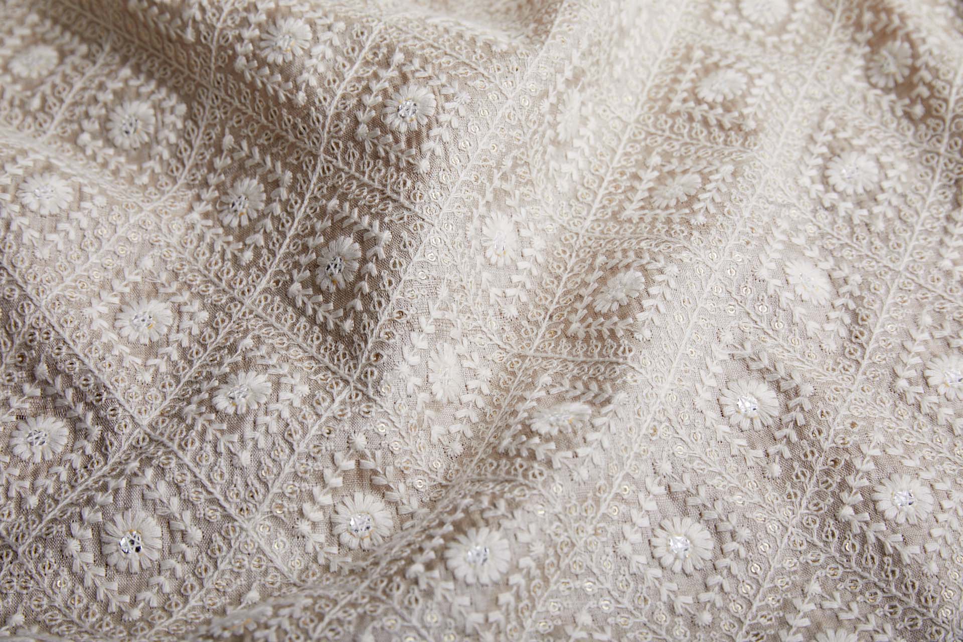 Diamond Embroidery with Gold Sequins on Ecru Silk Tassar / Tussah fabric, image 9 of 10