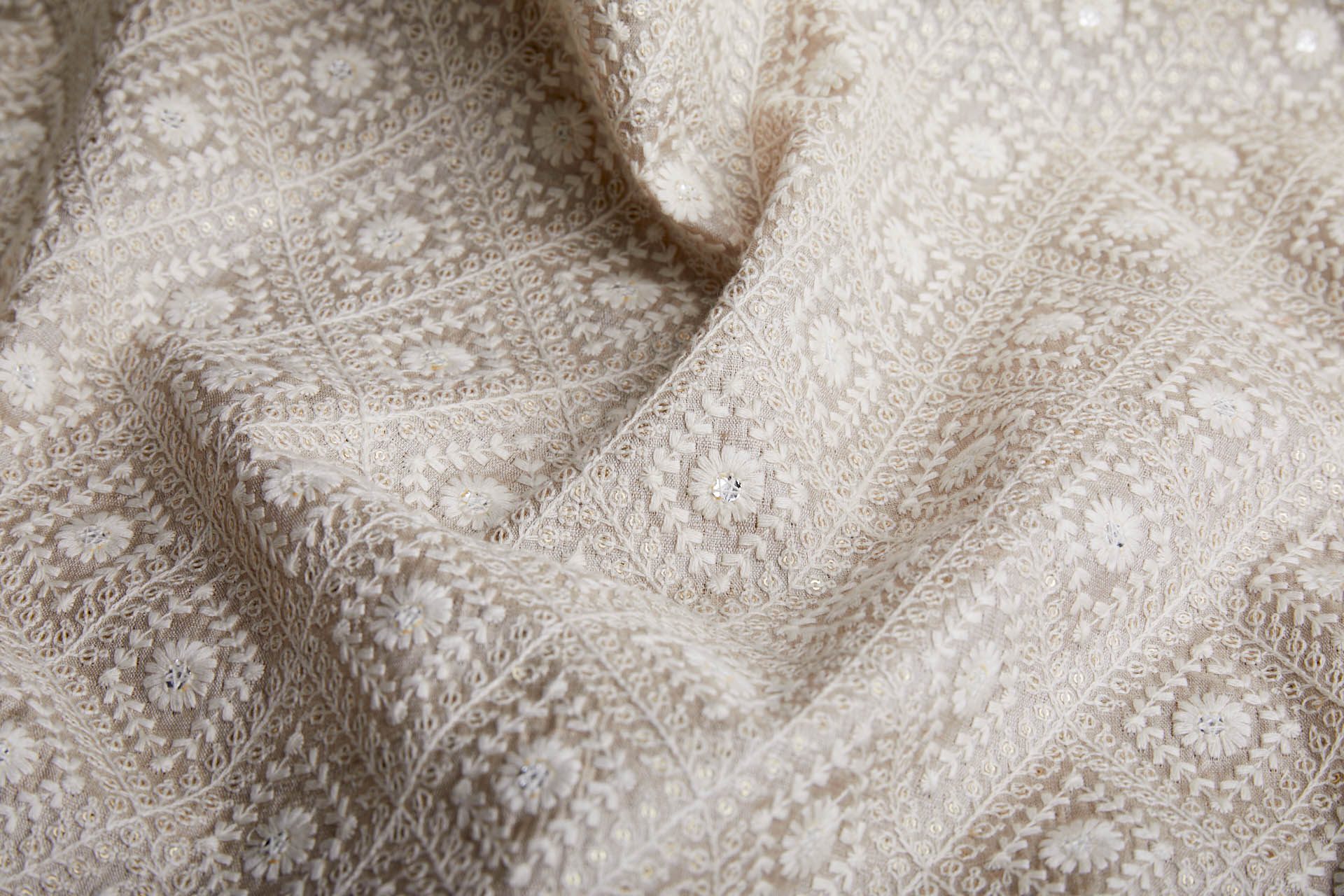 Diamond Embroidery with Gold Sequins on Ecru Silk Tassar / Tussah fabric
