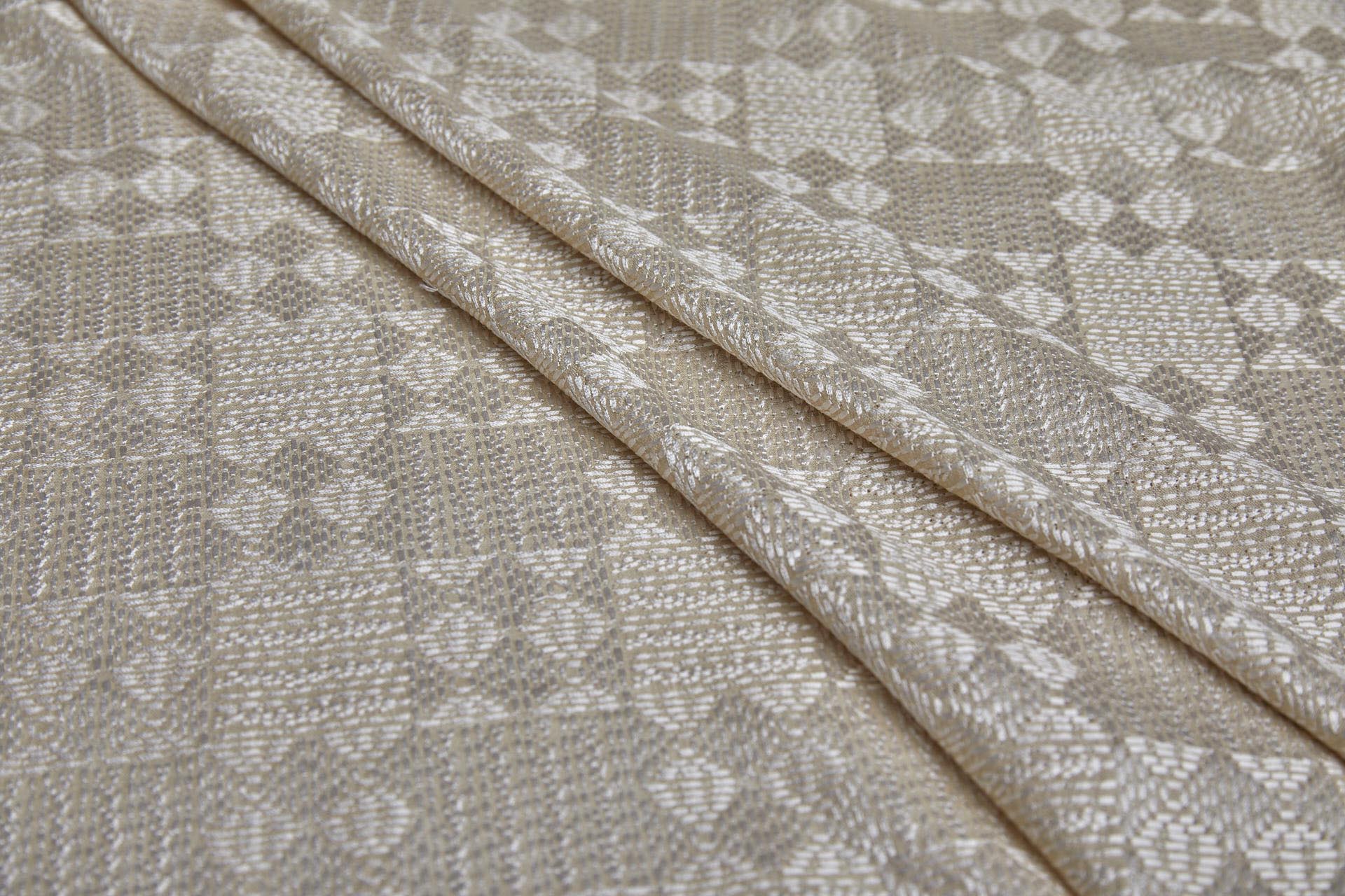 Geometric Off White Embroidery on Cream/Natural Silk Tassar fabric