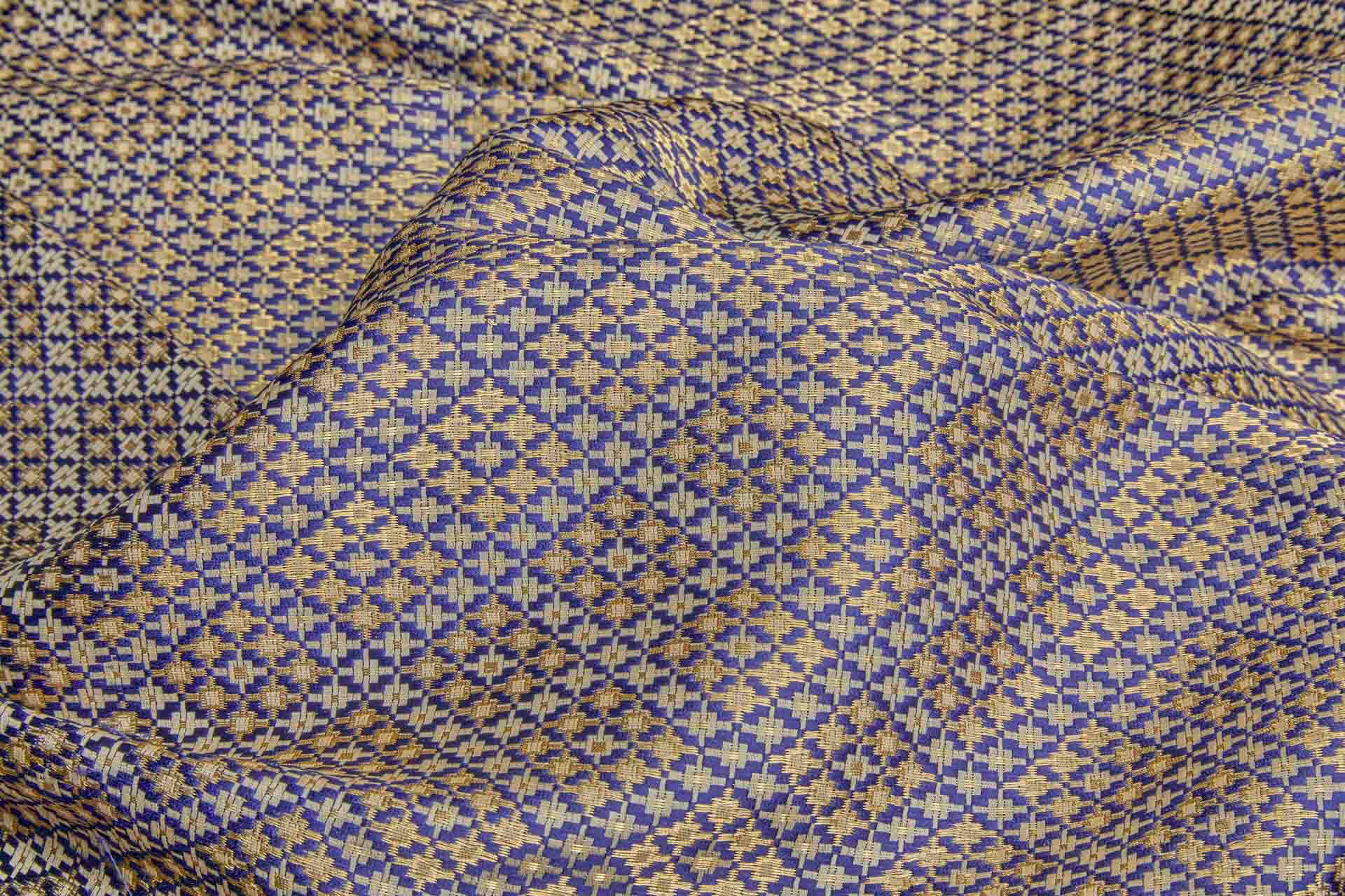 Geometric Banaras Brocade - Navy, Beige & Gold Metallic fabric