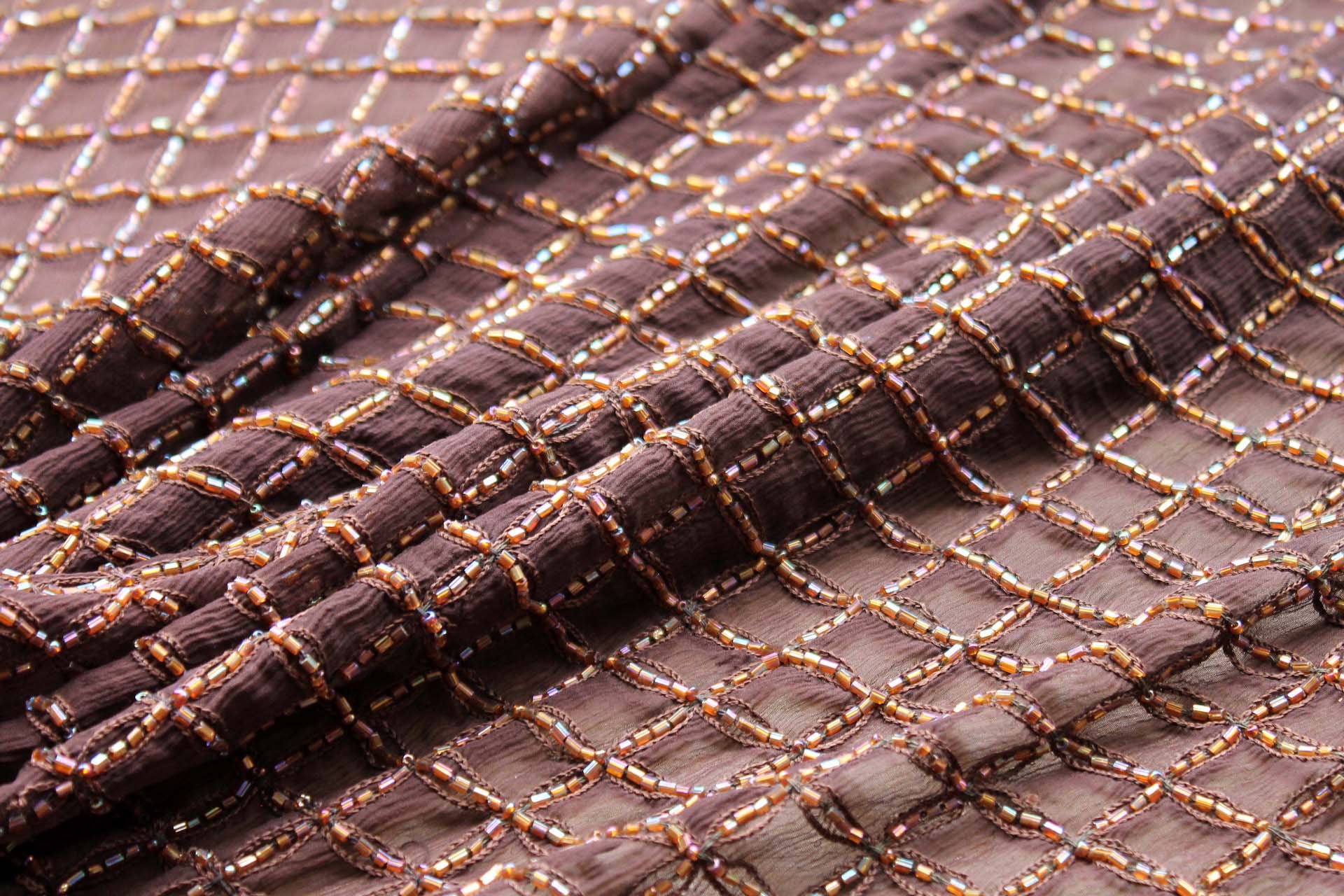 Brown Chiffon with Beaded Square Grid - 1m Piece fabric, image 3 of 7