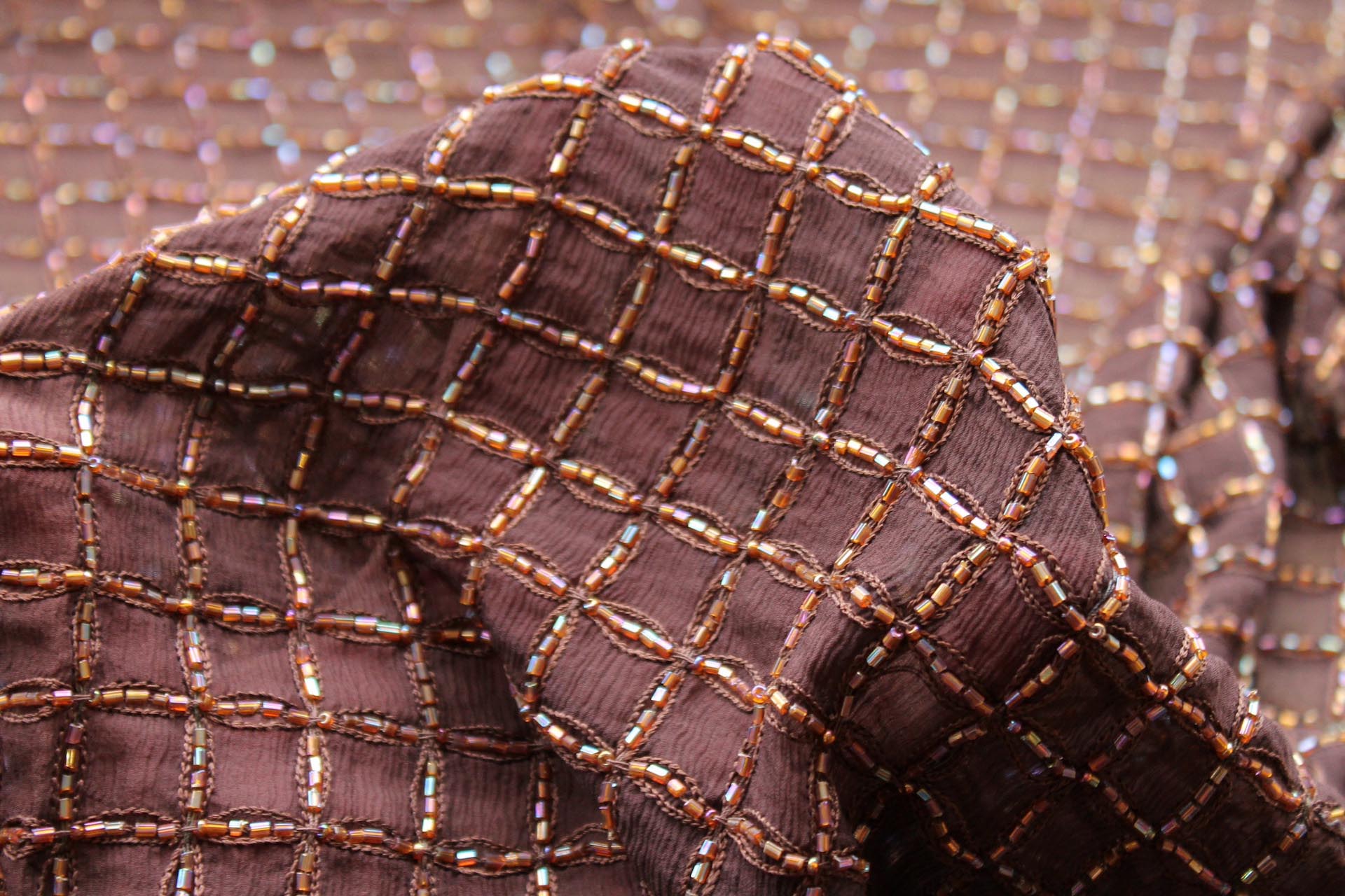 Brown Chiffon with Beaded Square Grid - 1m Piece fabric, image 4 of 7
