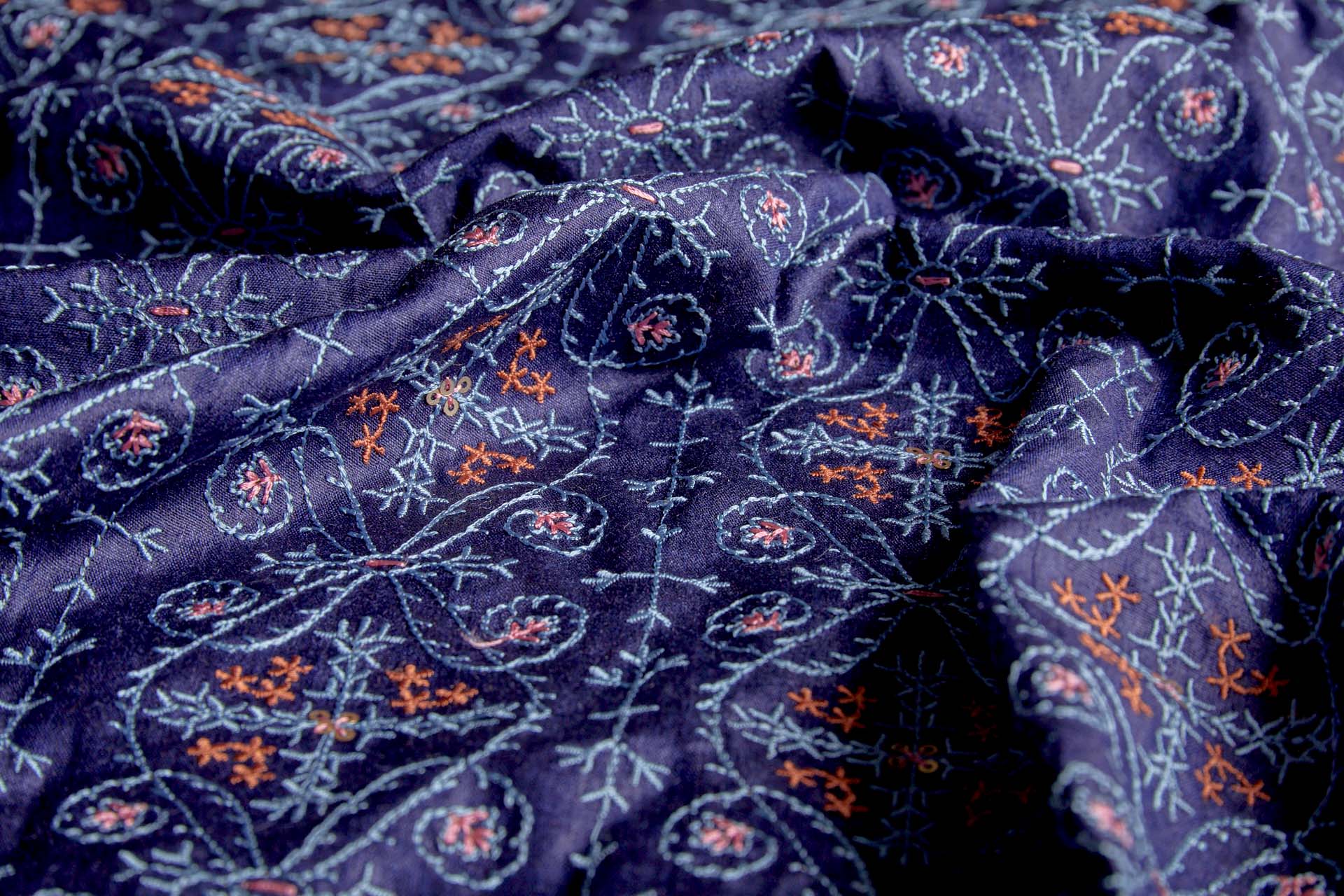 Embroidered Kashida Pattern on Navy Blue Silk Tassar / Tussah fabric, image 4 of 10