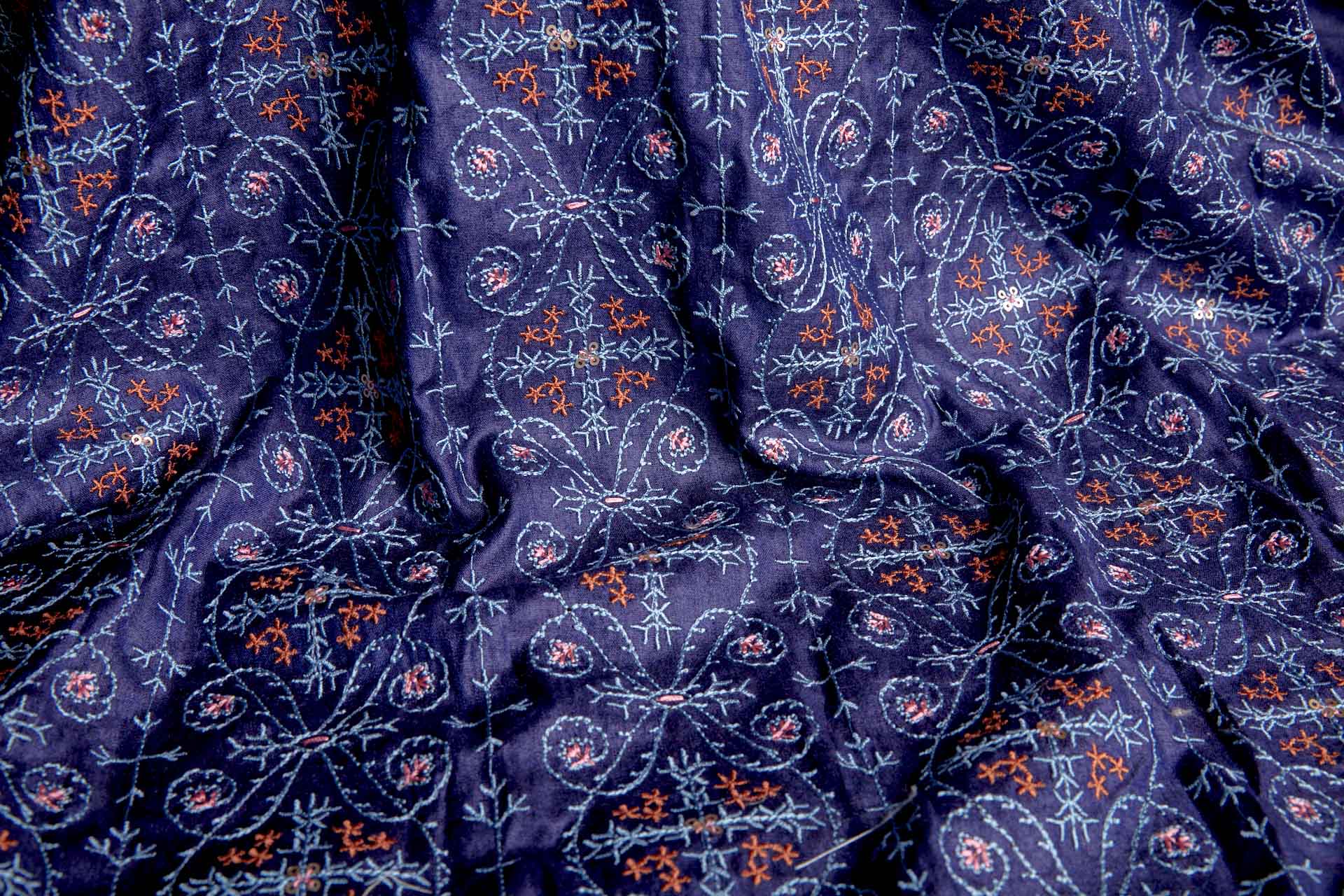 Embroidered Kashida Pattern on Navy Blue Silk Tassar / Tussah fabric, image 5 of 10