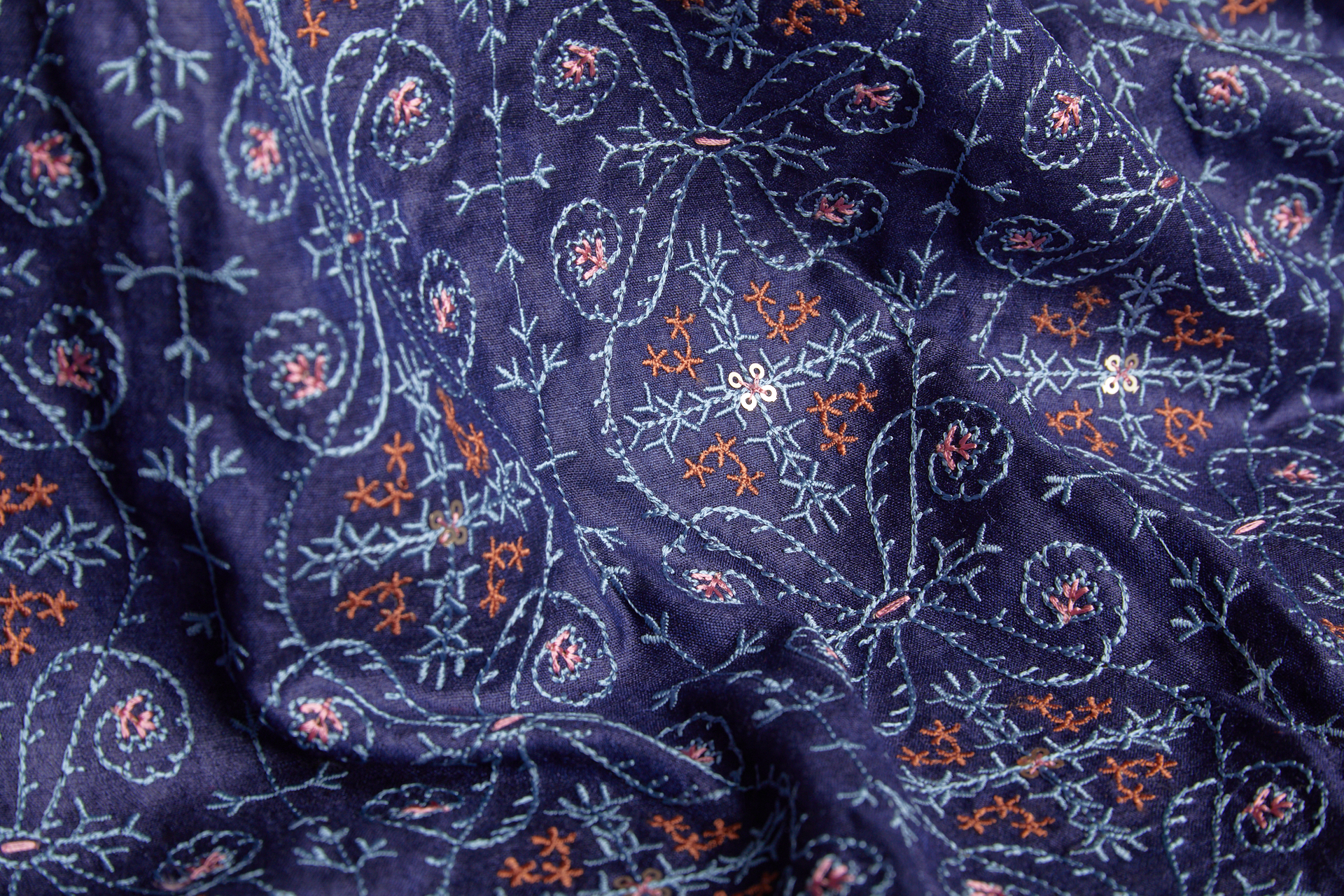 Embroidered Kashida Pattern on Navy Blue Silk Tassar / Tussah fabric, image 6 of 10