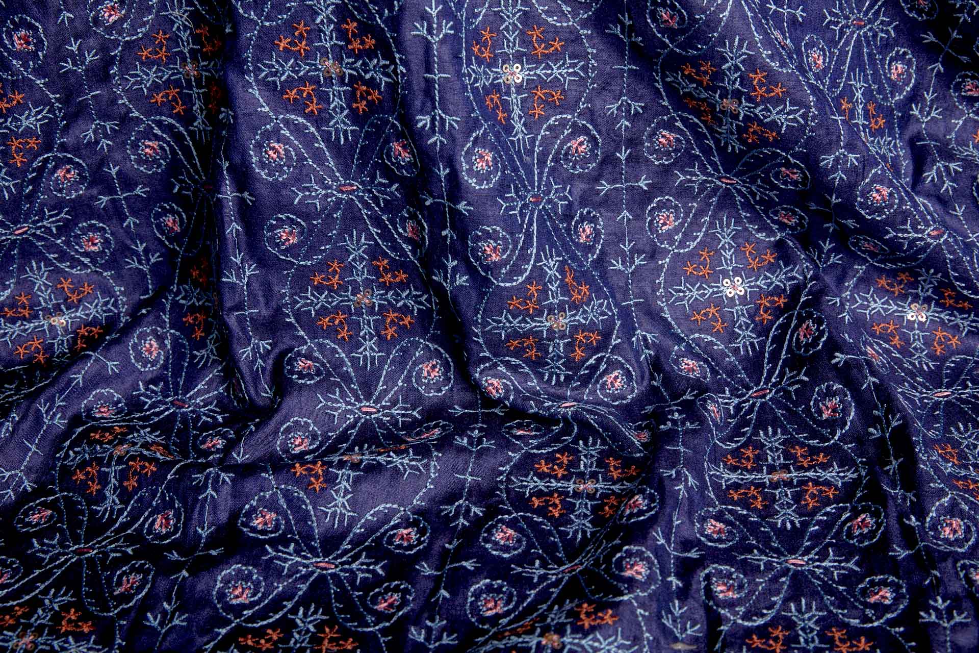 Embroidered Kashida Pattern on Navy Blue Silk Tassar / Tussah fabric, image 7 of 10