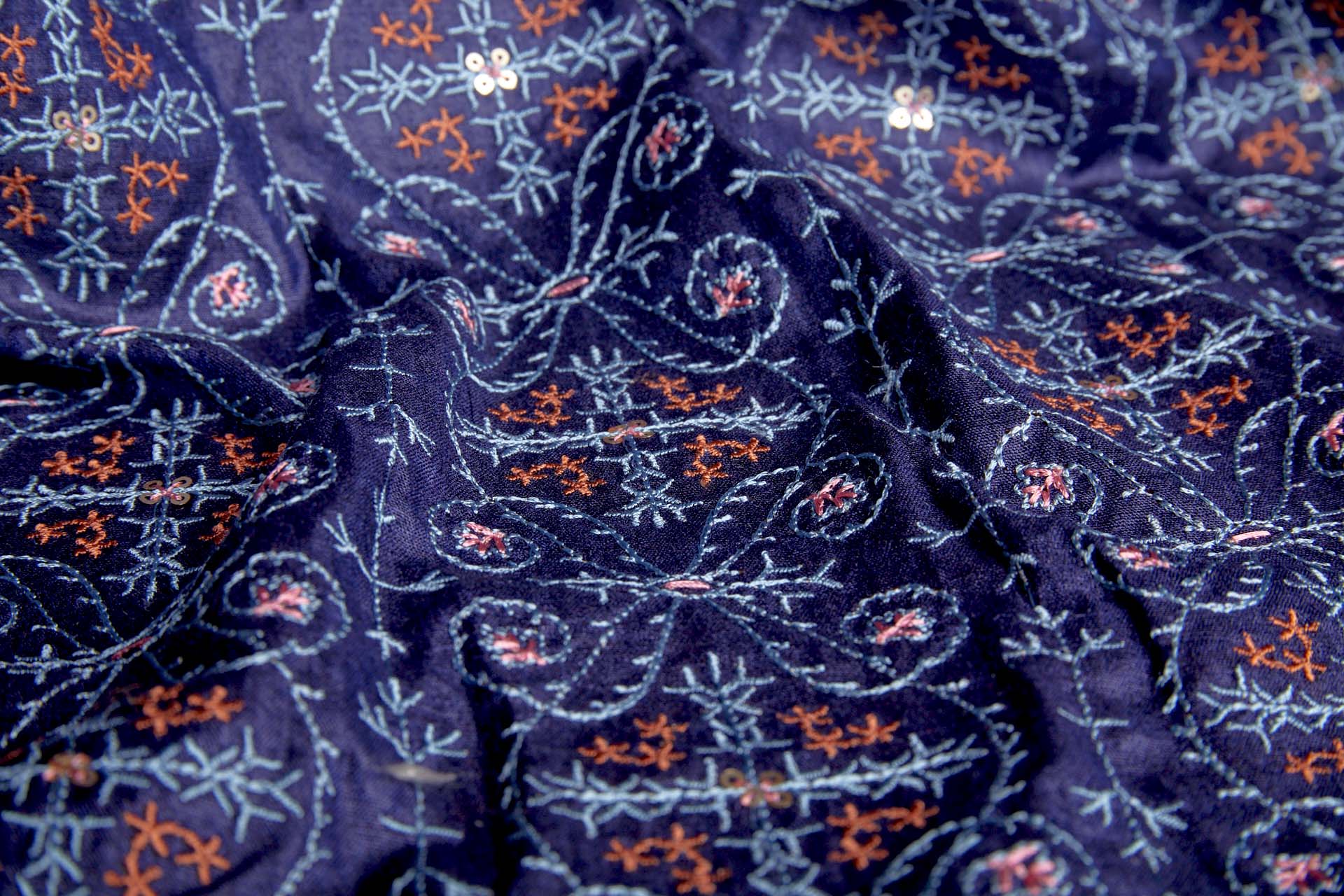 Embroidered Kashida Pattern on Navy Blue Silk Tassar / Tussah fabric, image 8 of 10