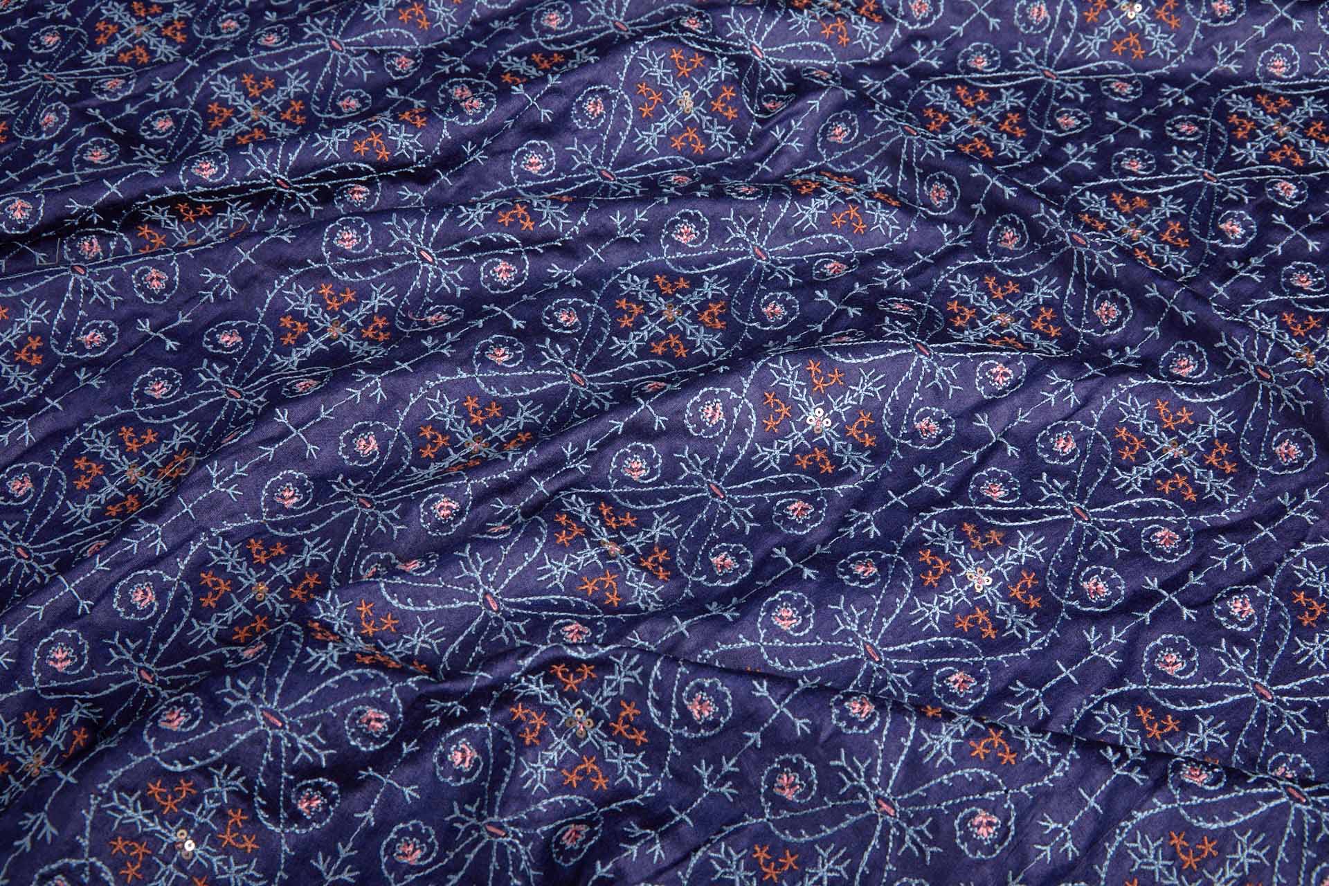 Embroidered Kashida Pattern on Navy Blue Silk Tassar / Tussah fabric, image 2 of 10