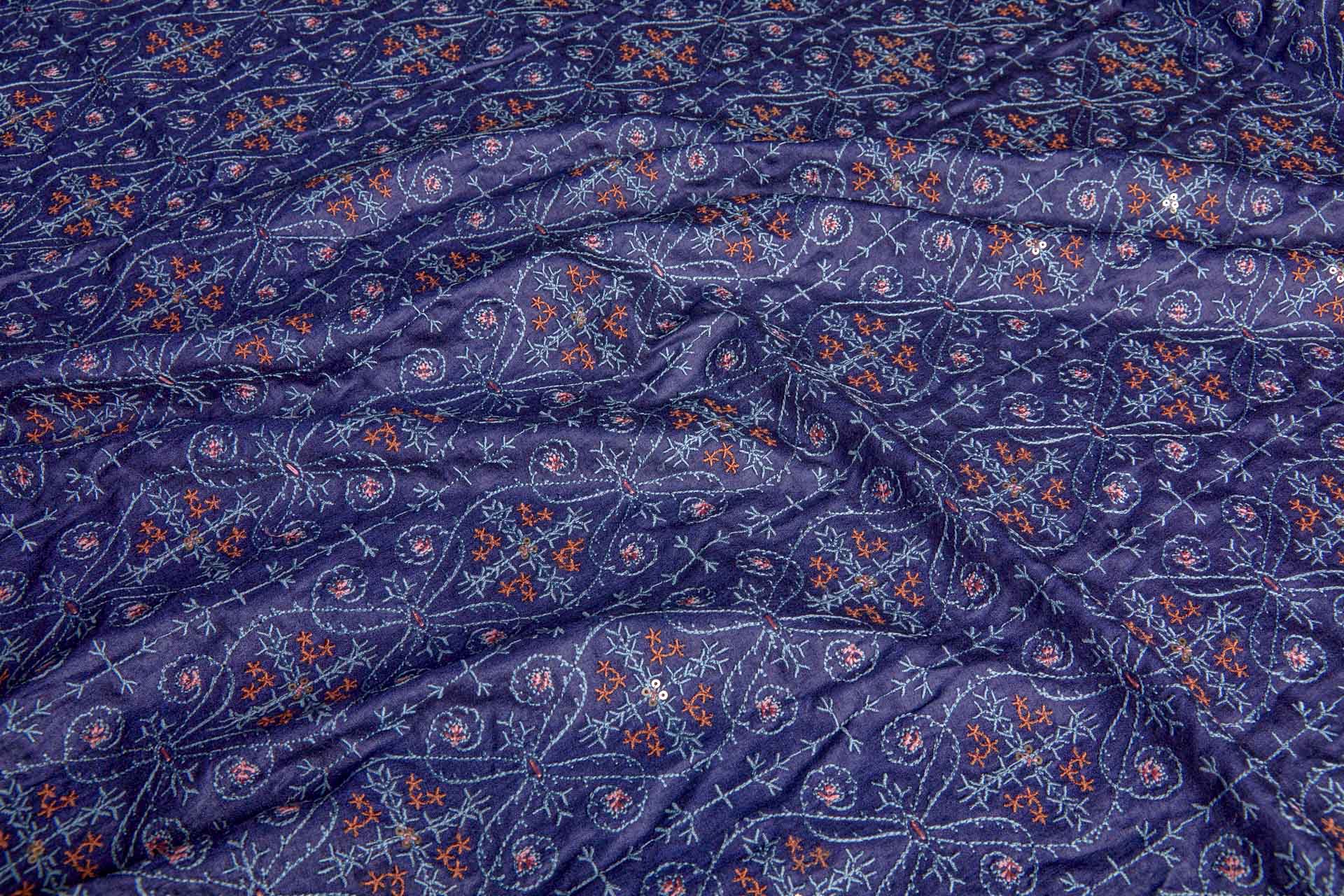 Embroidered Kashida Pattern on Navy Blue Silk Tassar / Tussah fabric, image 3 of 10