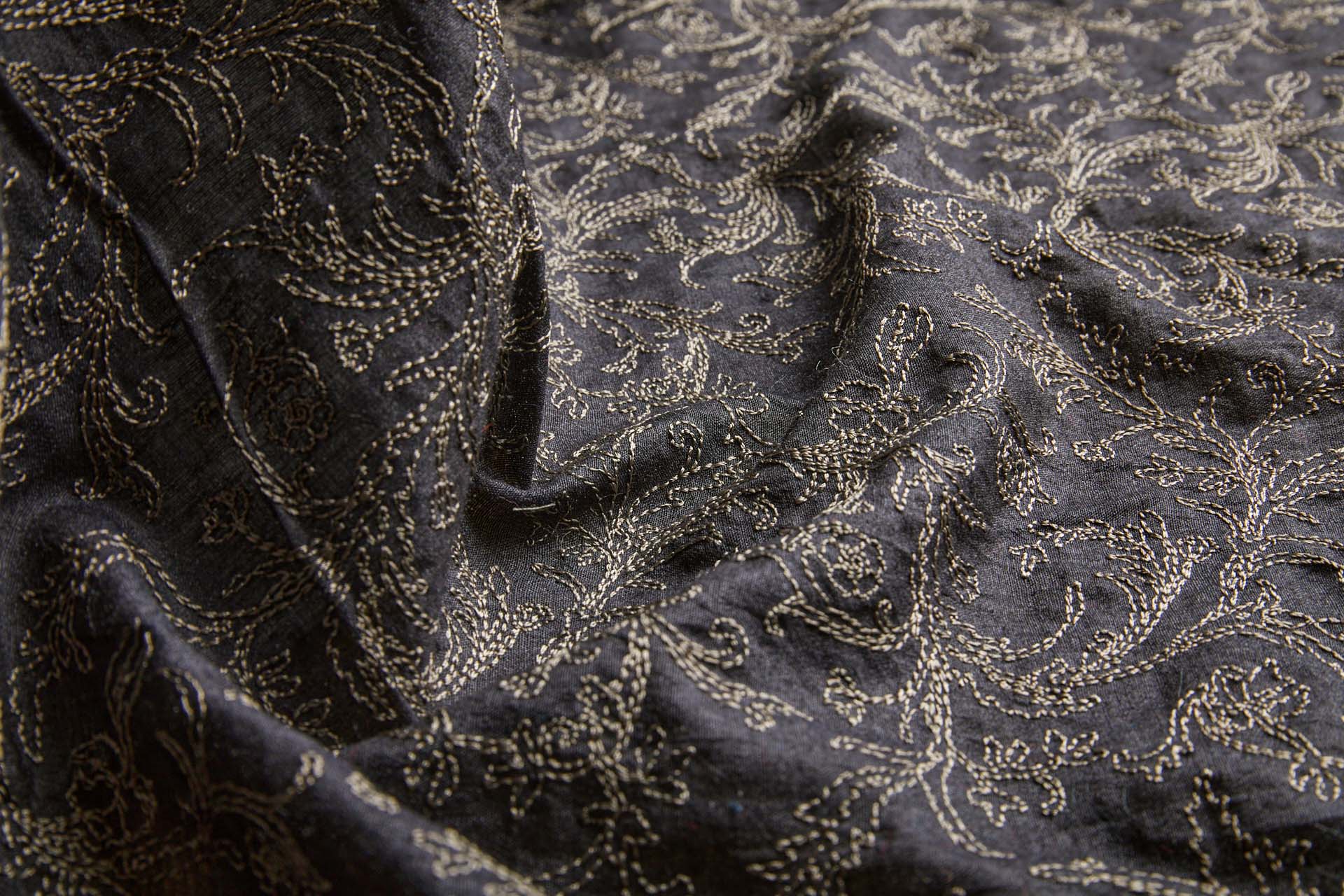 Mushroom Floral Outline Embroidery on Charcoal Silk Tassar fabric, image 5 of 9