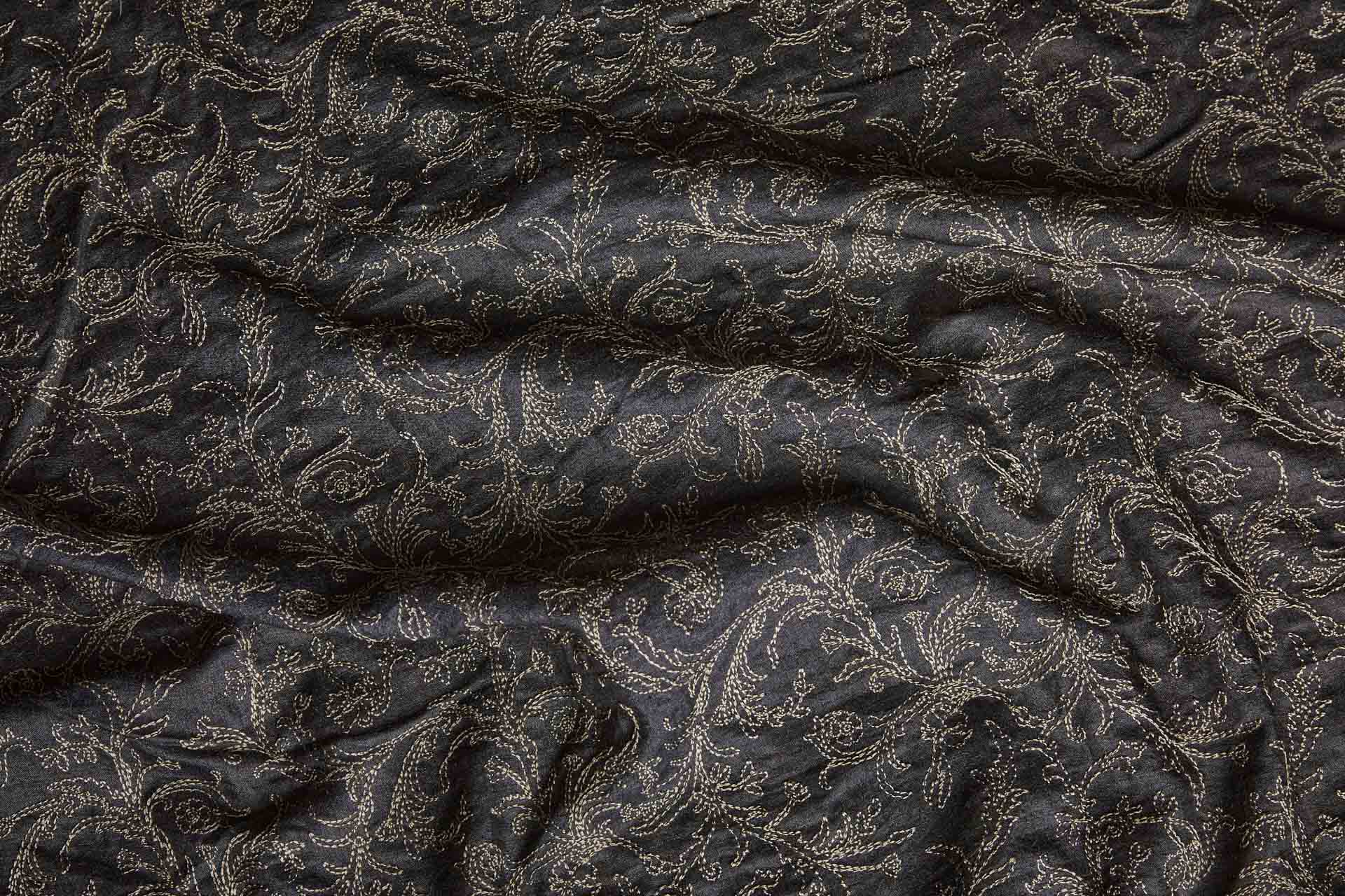 Mushroom Floral Outline Embroidery on Charcoal Silk Tassar fabric, image 6 of 9