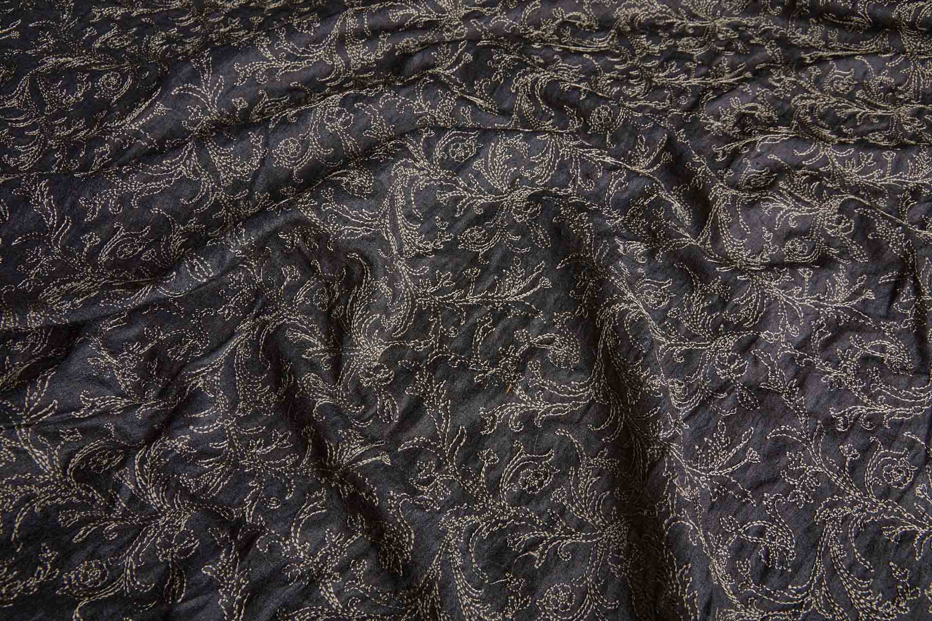 Mushroom Floral Outline Embroidery on Charcoal Silk Tassar fabric, image 7 of 9