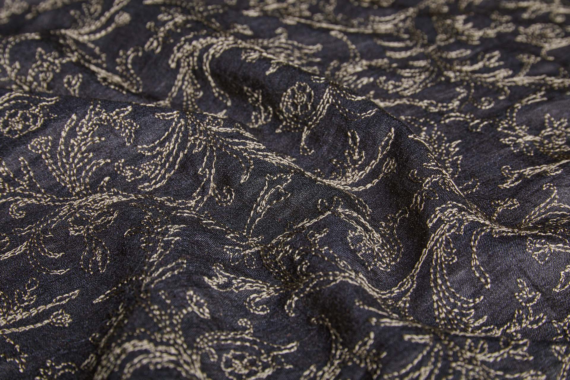 Mushroom Floral Outline Embroidery on Charcoal Silk Tassar fabric, image 8 of 9