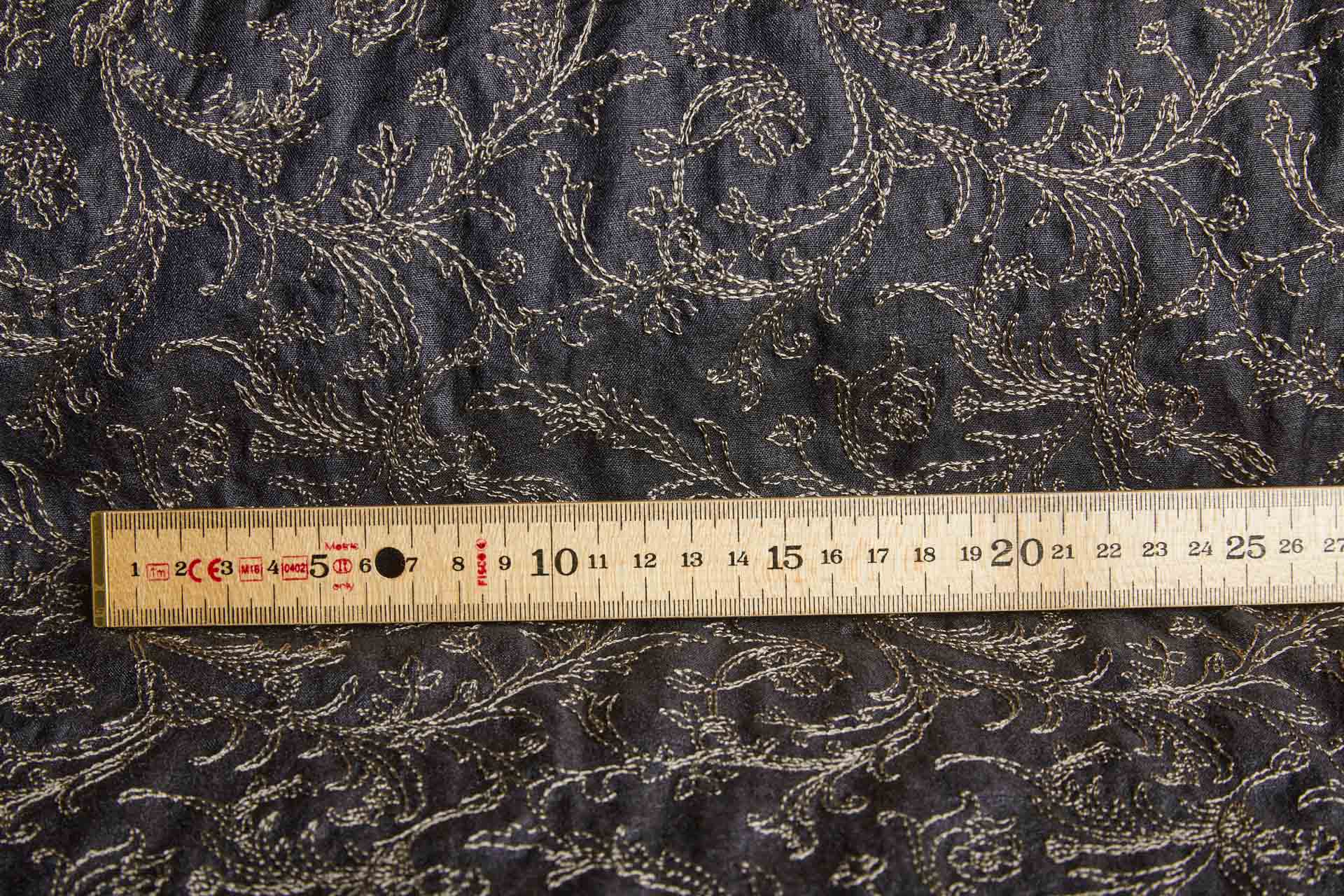 Mushroom Floral Outline Embroidery on Charcoal Silk Tassar fabric, image 3 of 9