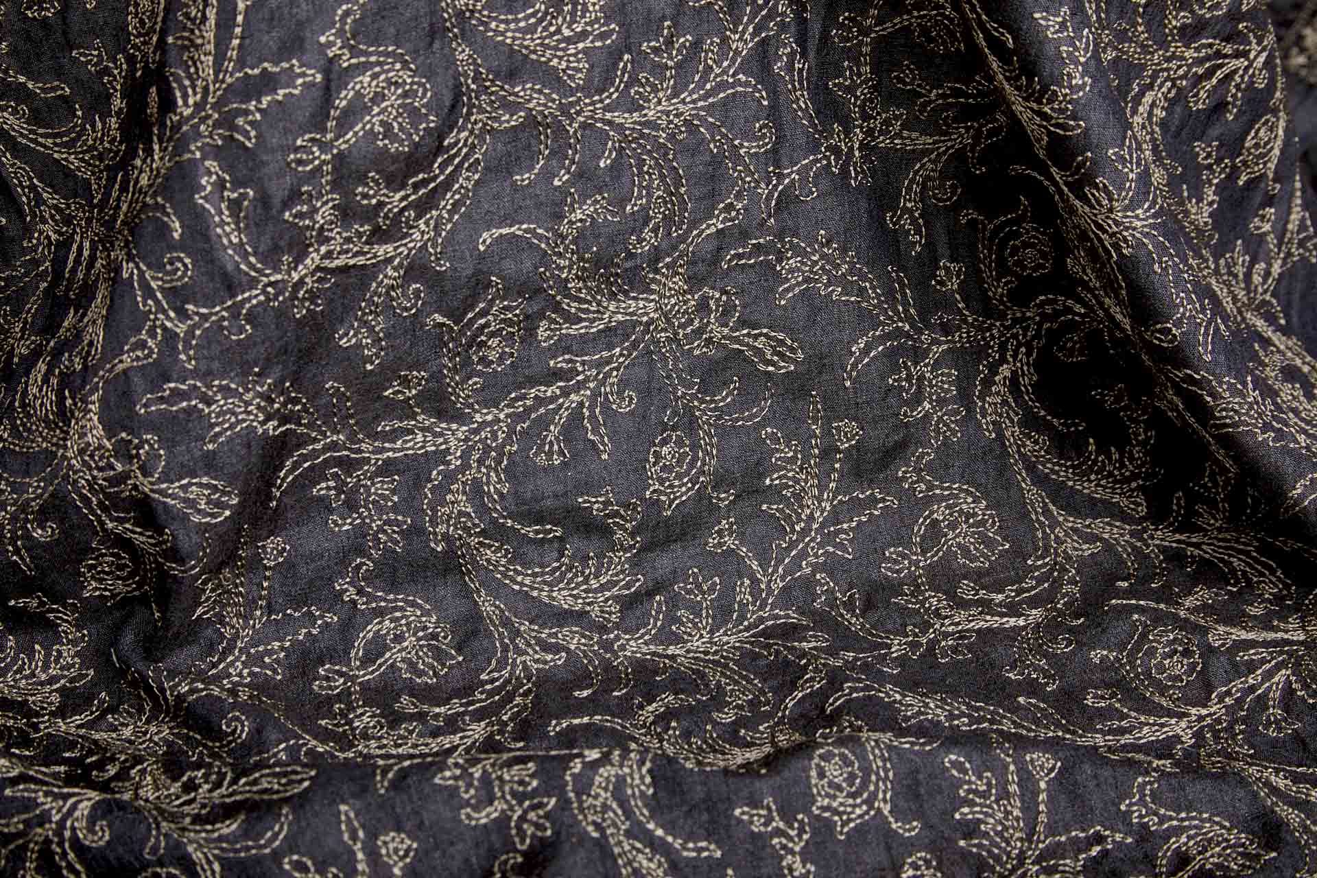 Mushroom Floral Outline Embroidery on Charcoal Silk Tassar fabric, image 2 of 9