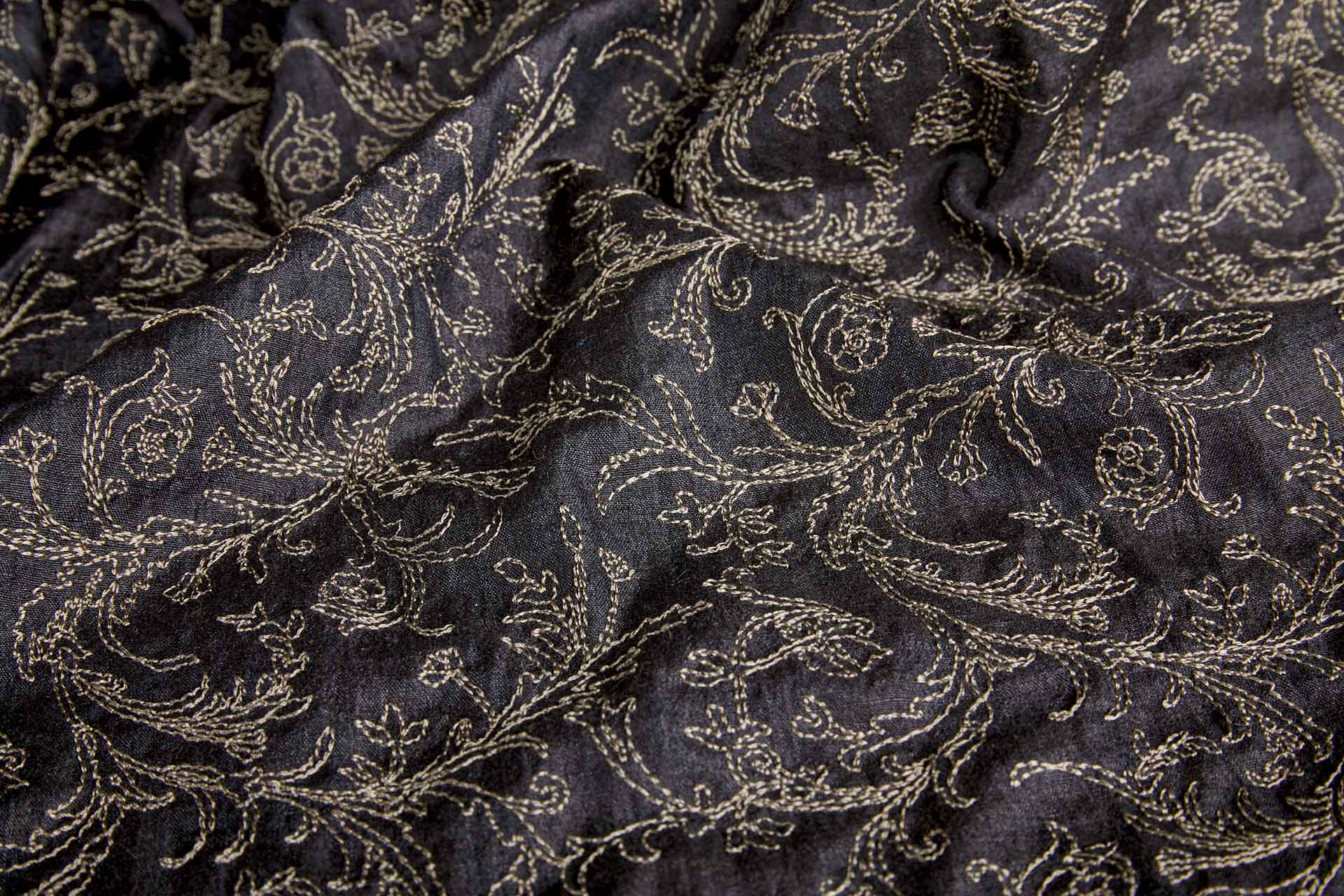 Mushroom Floral Outline Embroidery on Charcoal Silk Tassar fabric
