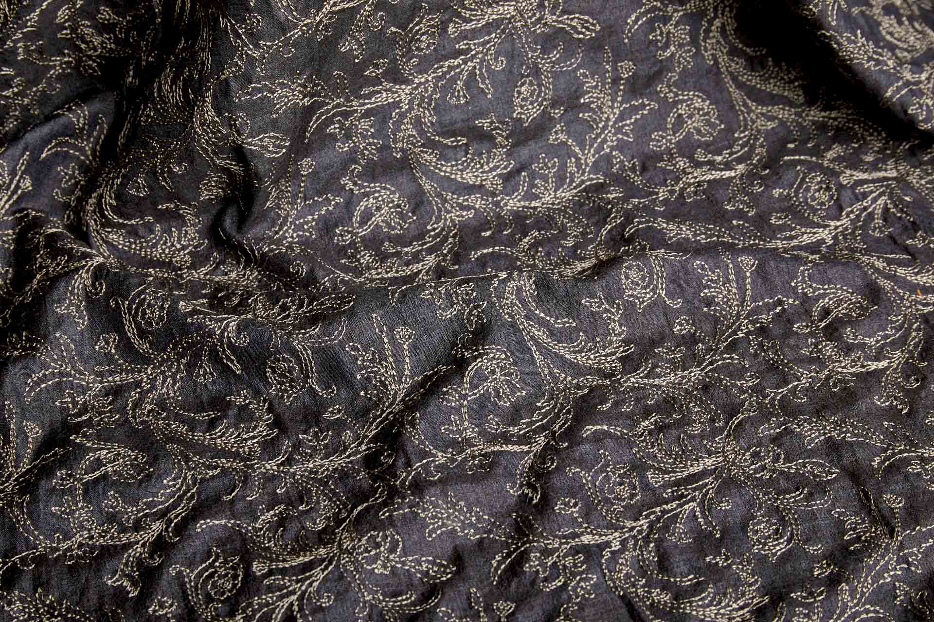 Mushroom Floral Outline Embroidery on Charcoal Silk Tassar fabric, image 4 of 9
