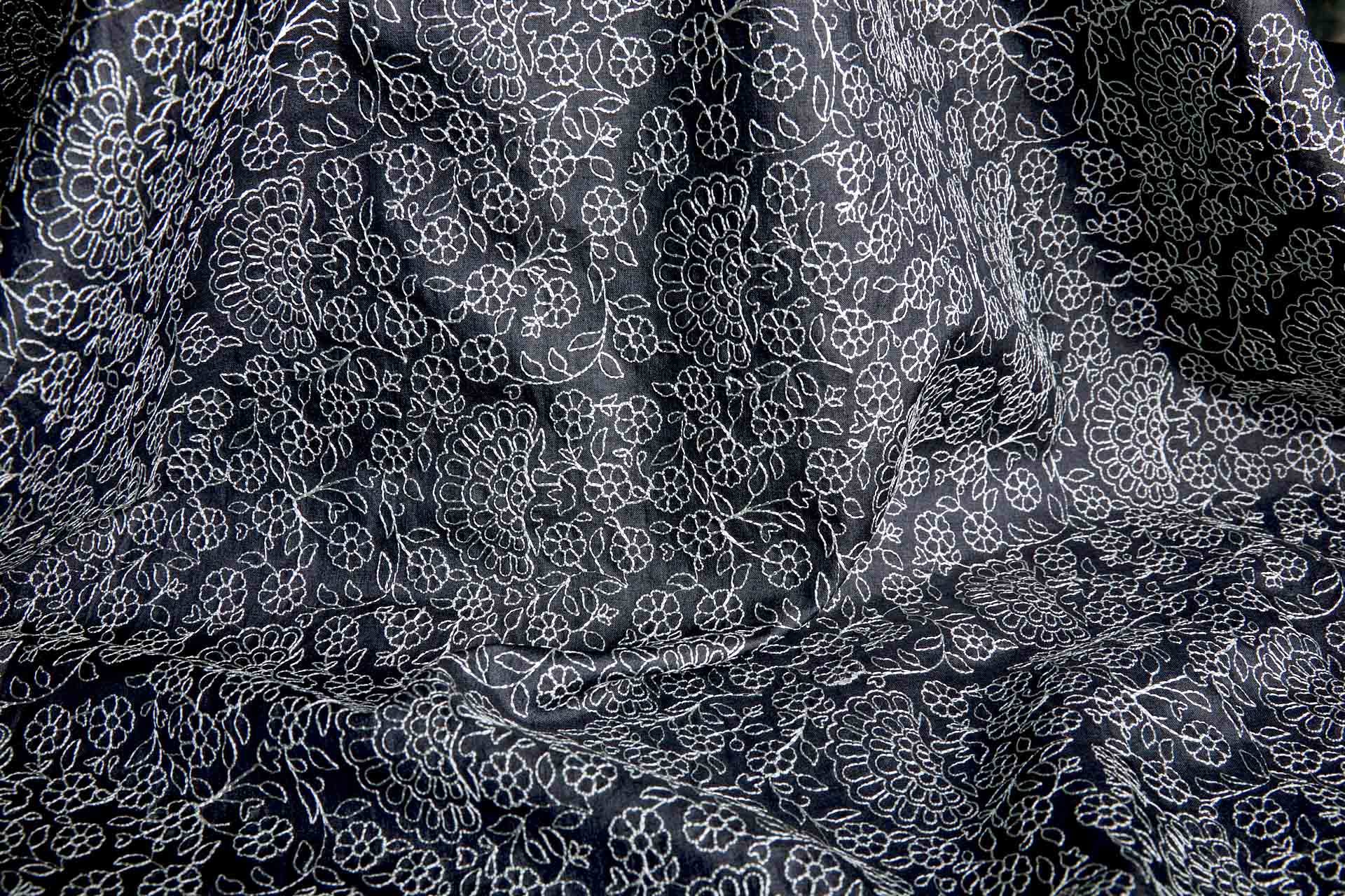 Ivory Floral Outline Embroidery on Black Silk Tassar fabric, image 2 of 10