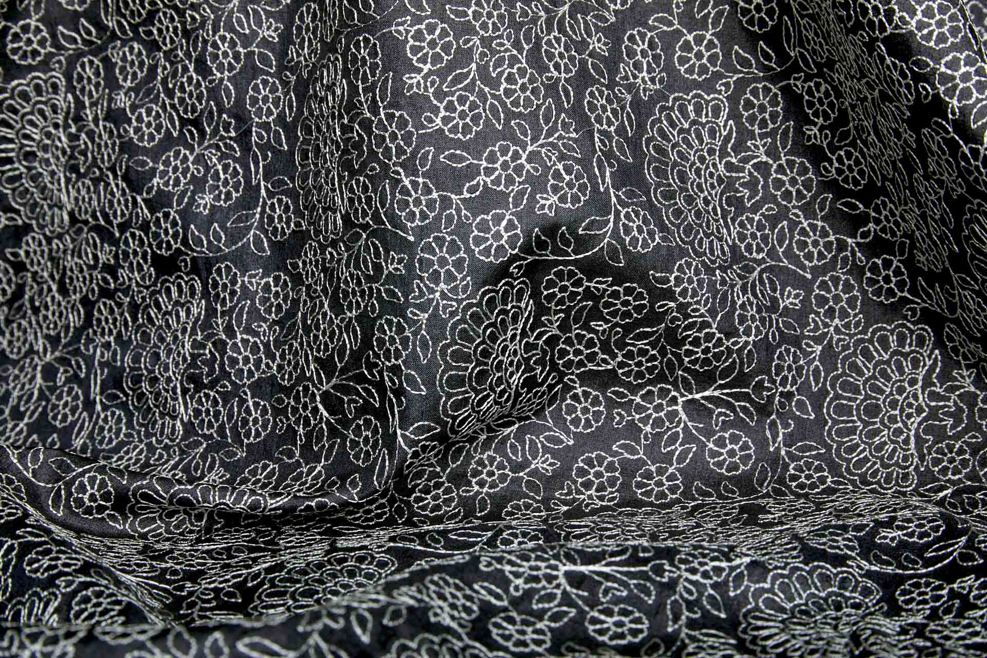 Ivory Floral Outline Embroidery on Black Silk Tassar fabric, image 7 of 10