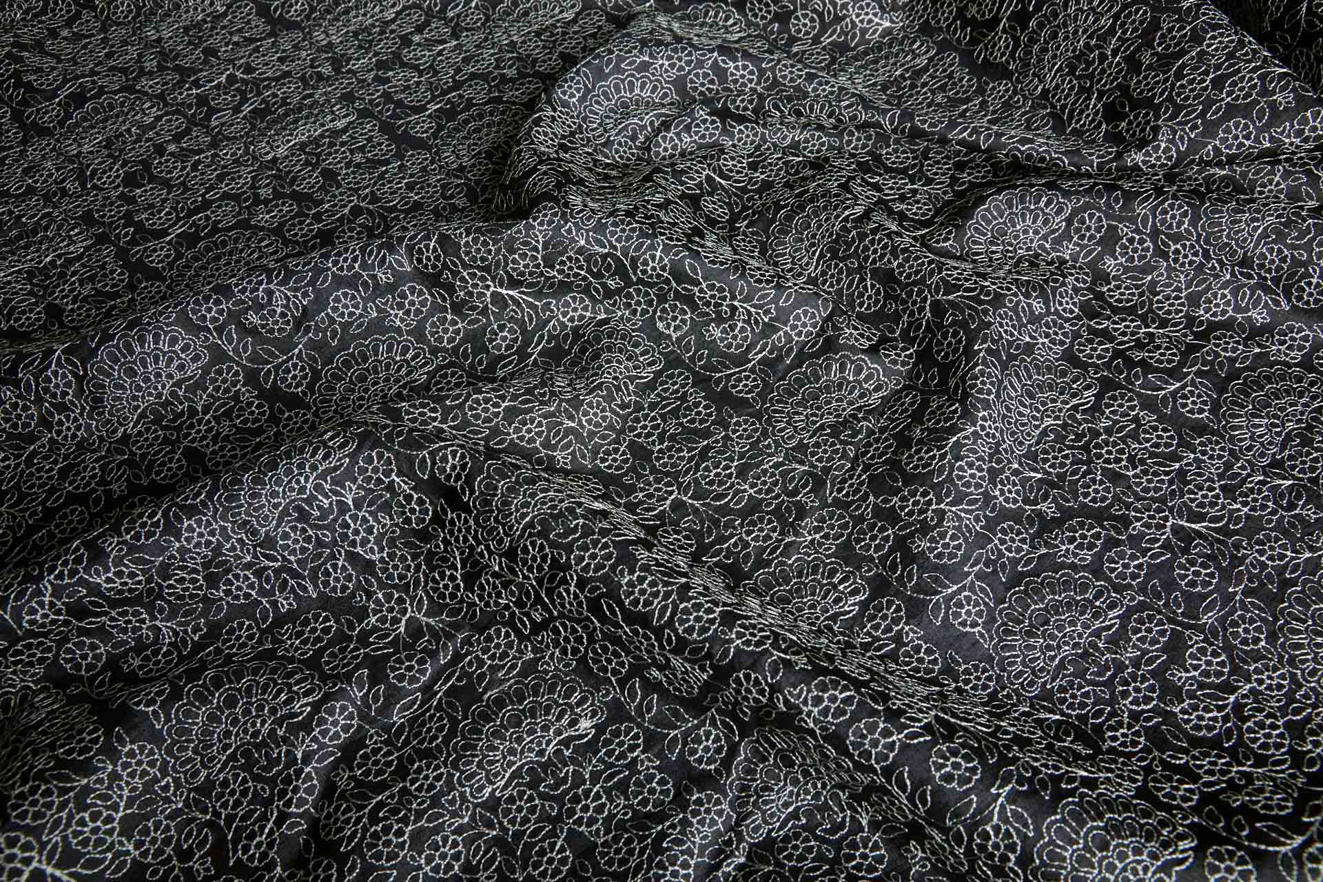 Ivory Floral Outline Embroidery on Black Silk Tassar fabric, image 8 of 10