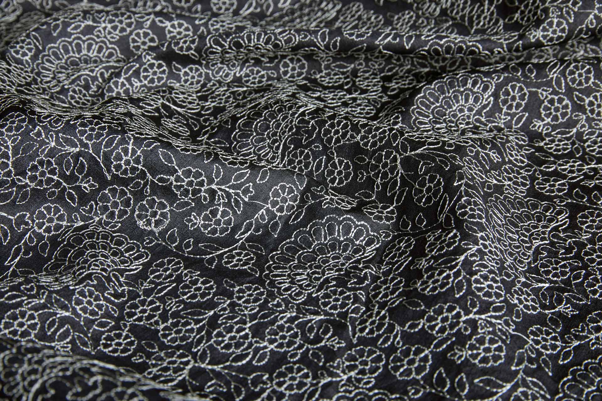 Ivory Floral Outline Embroidery on Black Silk Tassar fabric, image 9 of 10