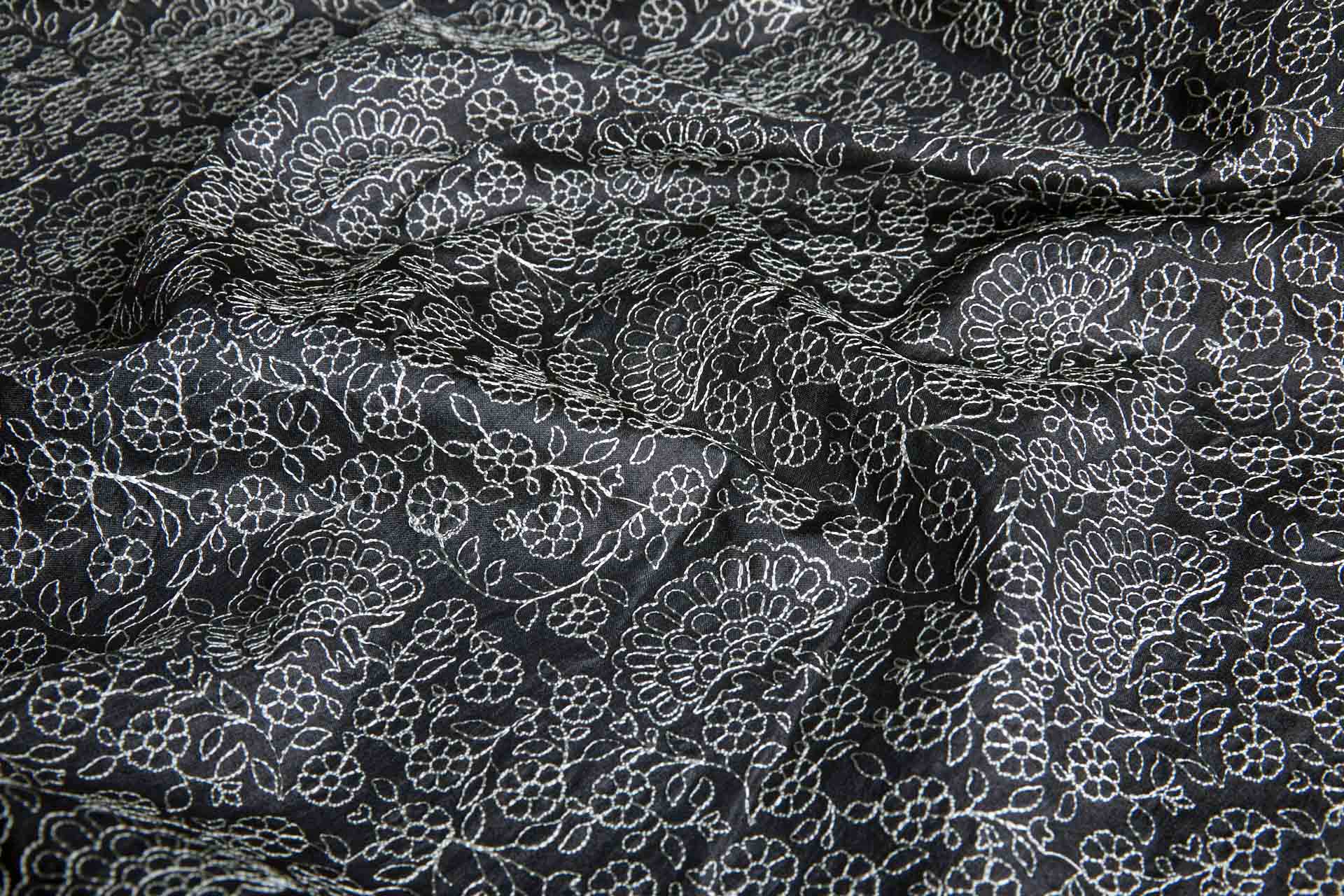 Ivory Floral Outline Embroidery on Black Silk Tassar fabric, image 10 of 10