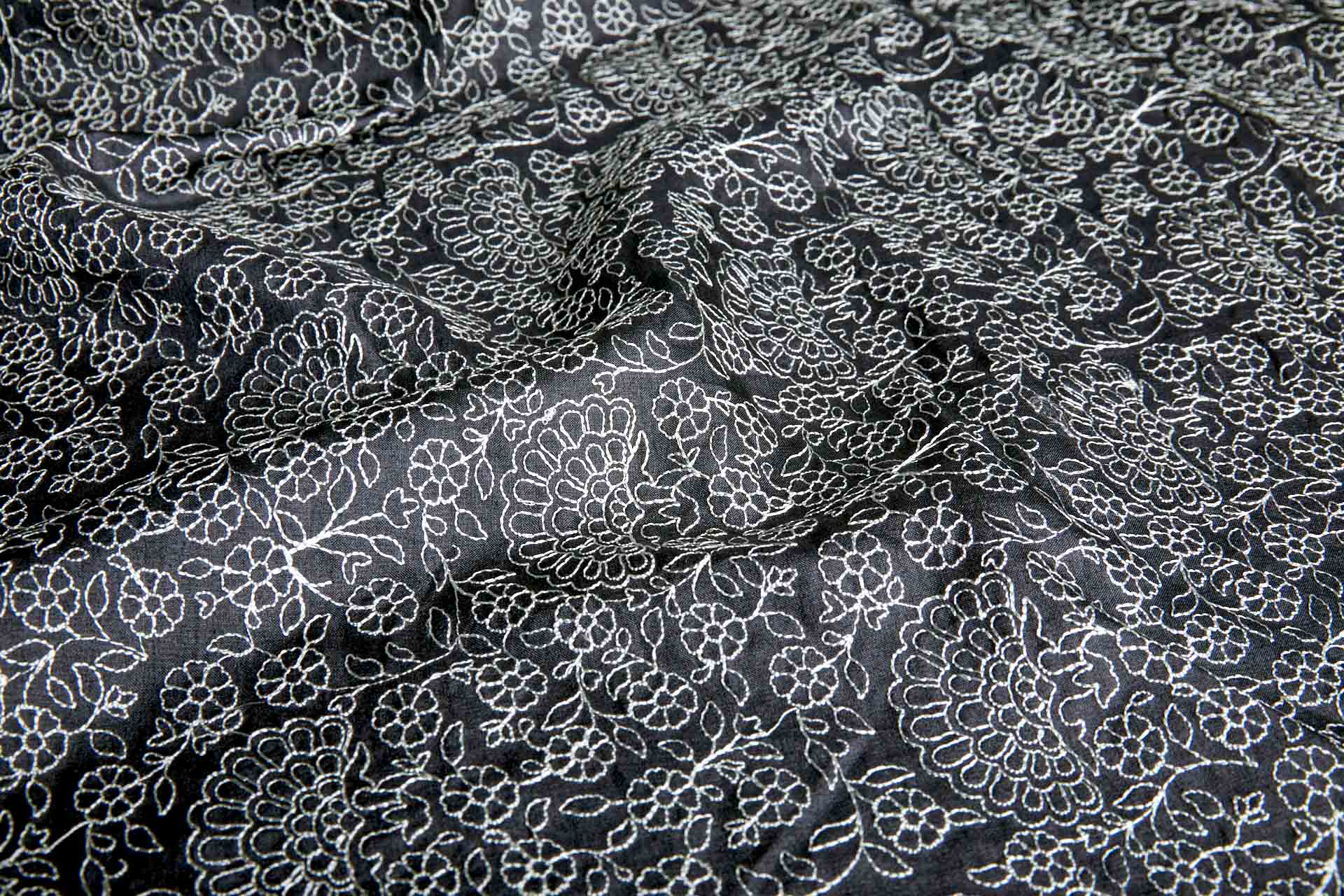 Ivory Floral Outline Embroidery on Black Silk Tassar fabric, image 3 of 10