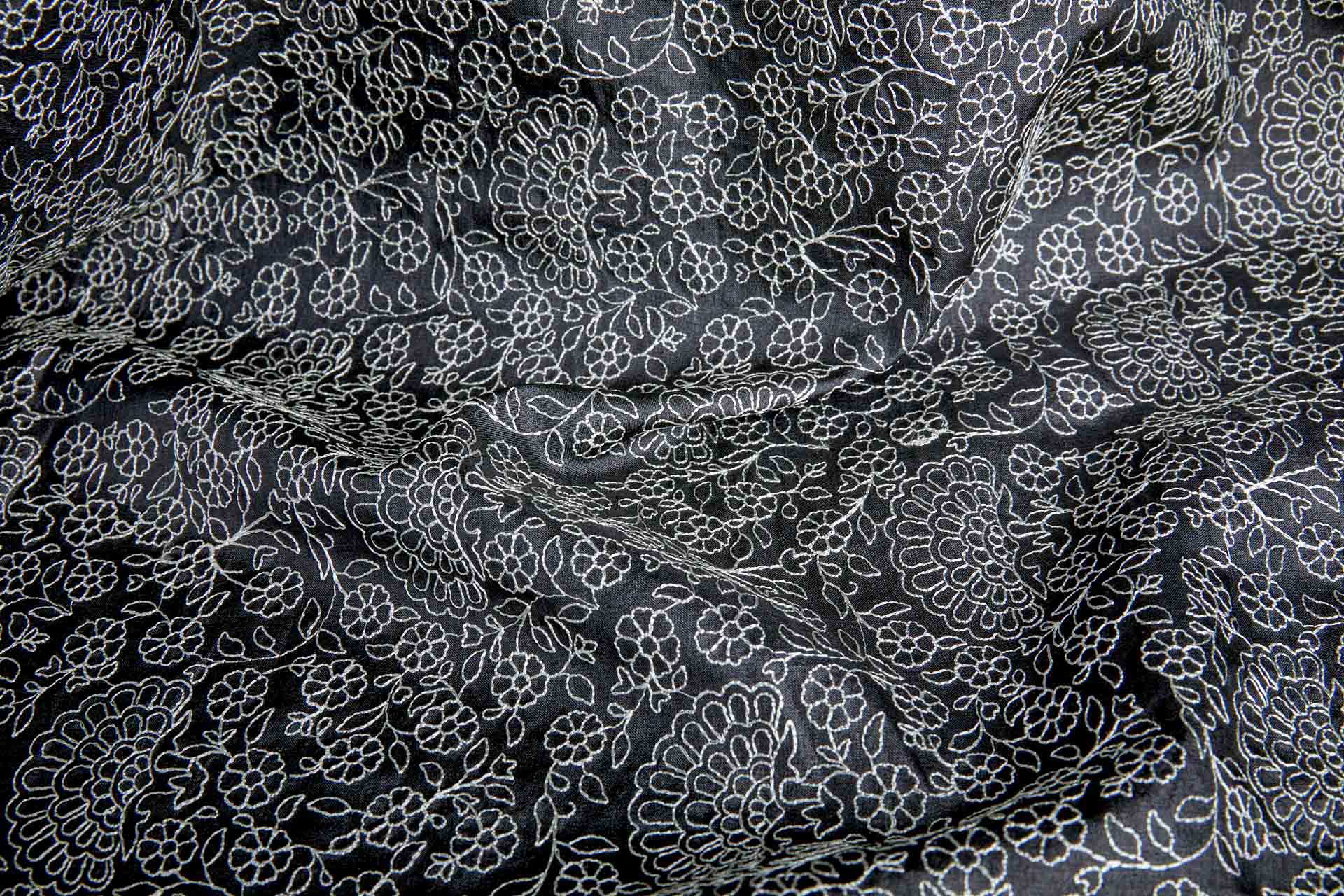 Ivory Floral Outline Embroidery on Black Silk Tassar fabric, image 4 of 10