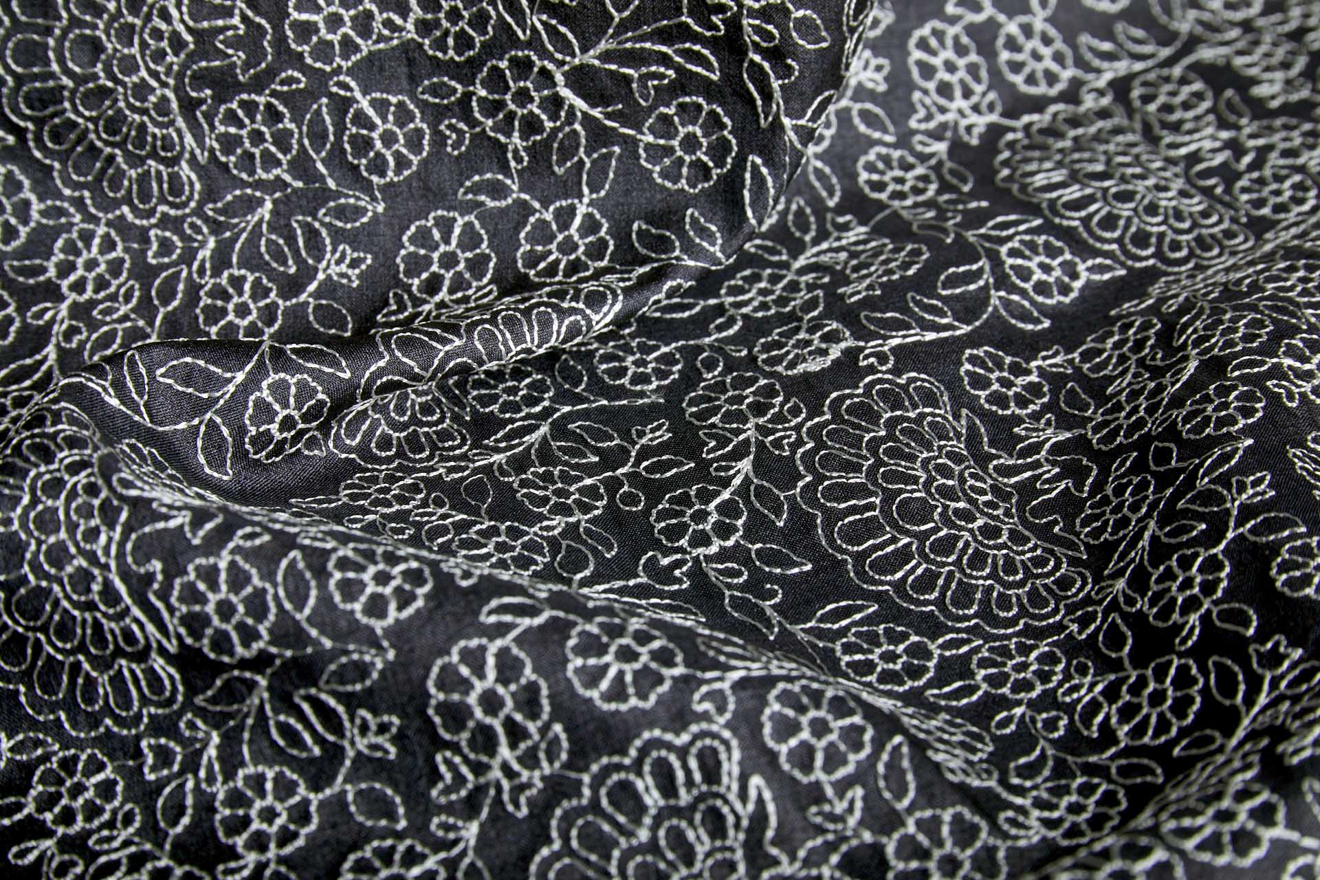 Ivory Floral Outline Embroidery on Black Silk Tassar fabric, image 5 of 10
