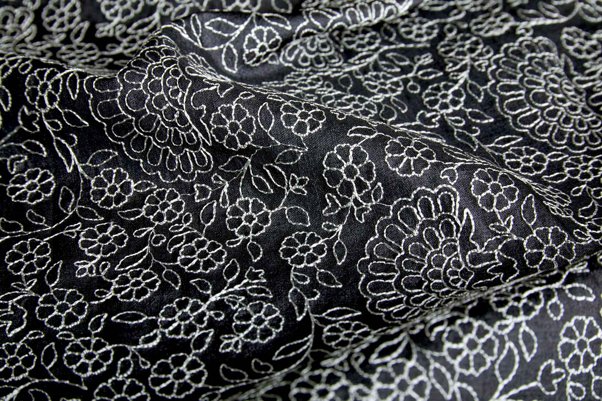 Ivory Floral Outline Embroidery on Black Silk Tassar fabric, image 6 of 10